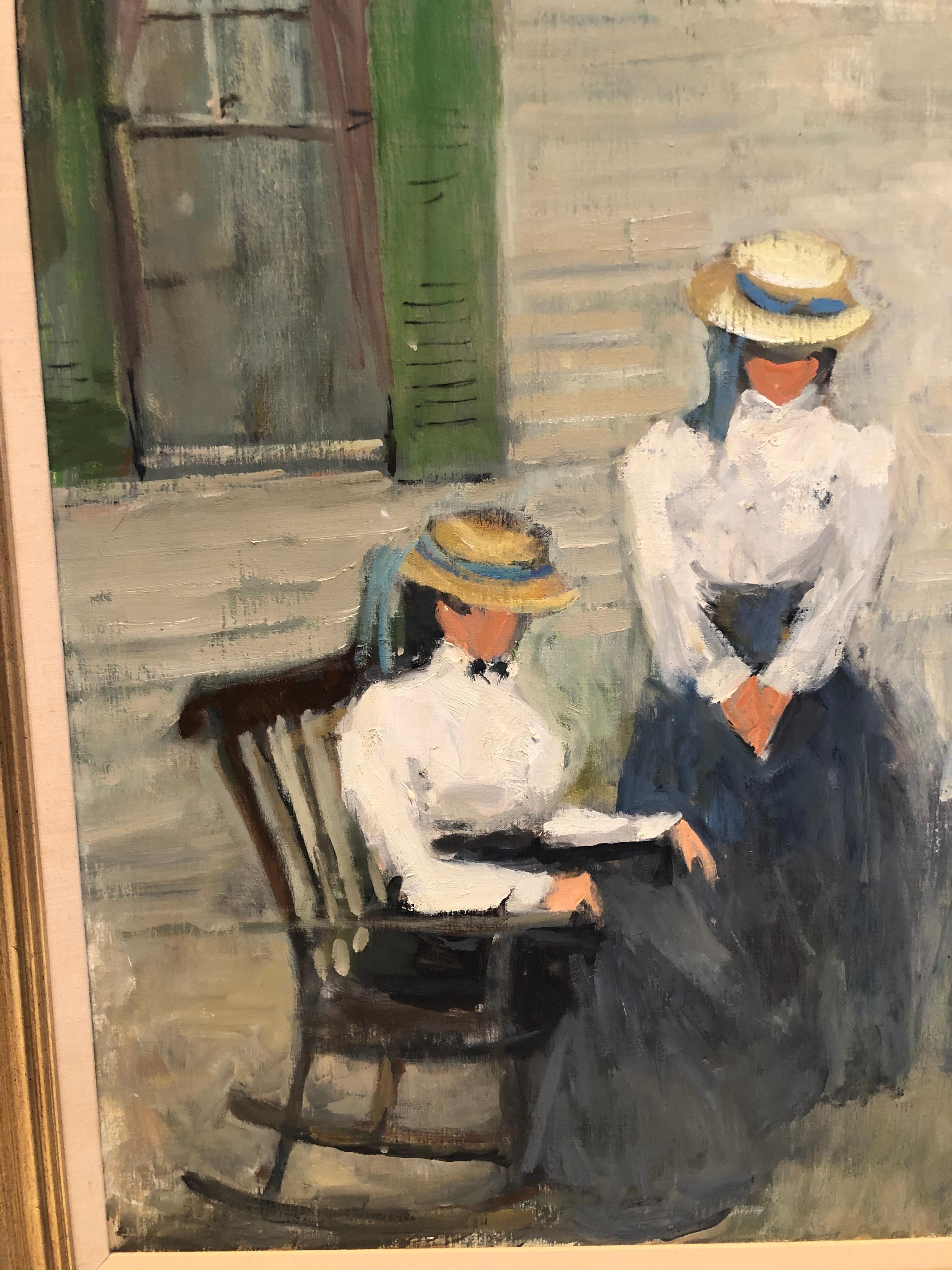 Gorgeous oil on canvas by acclaimed artist Eleanor I. Maurice, America, 1901-1995. The conversation is a boldly rendered portrait of 5 female students dressed in straw hats, crisp white shirts and grey long skirts. The style masterfully veers toward