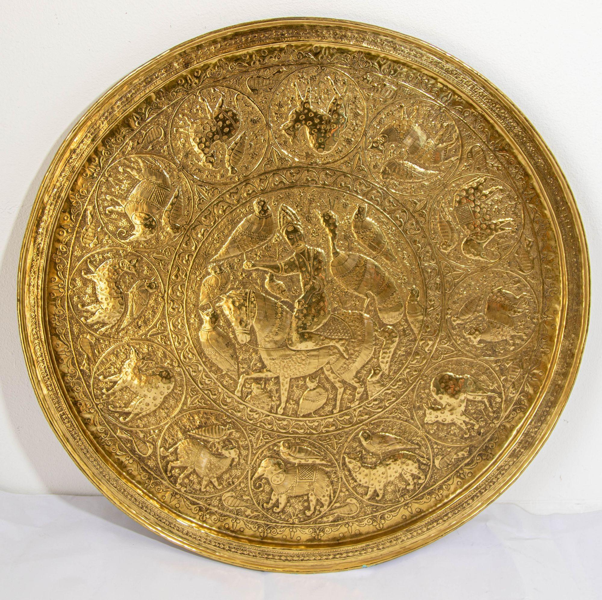 Collectible Islamic Asian Metalwork Polished Brass Tray, circa 1940s For Sale 13