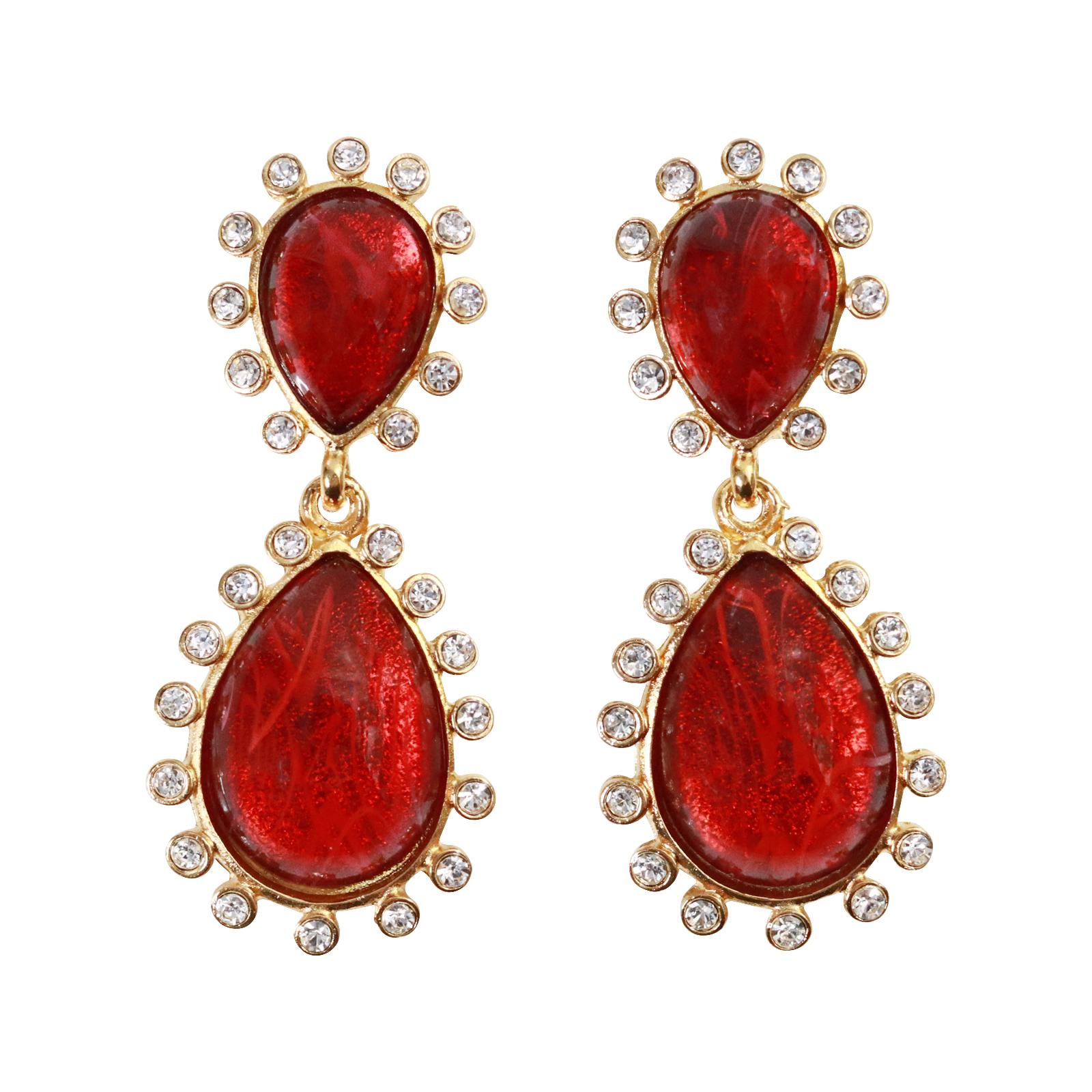 Collectible KJL Gold With Diamante Drop Red Resin Circa 2000s. These have quite the look.  These have a great look for a great price.  Clip on.  Substantial and well made.  The red looks so great against the gold tone color.

