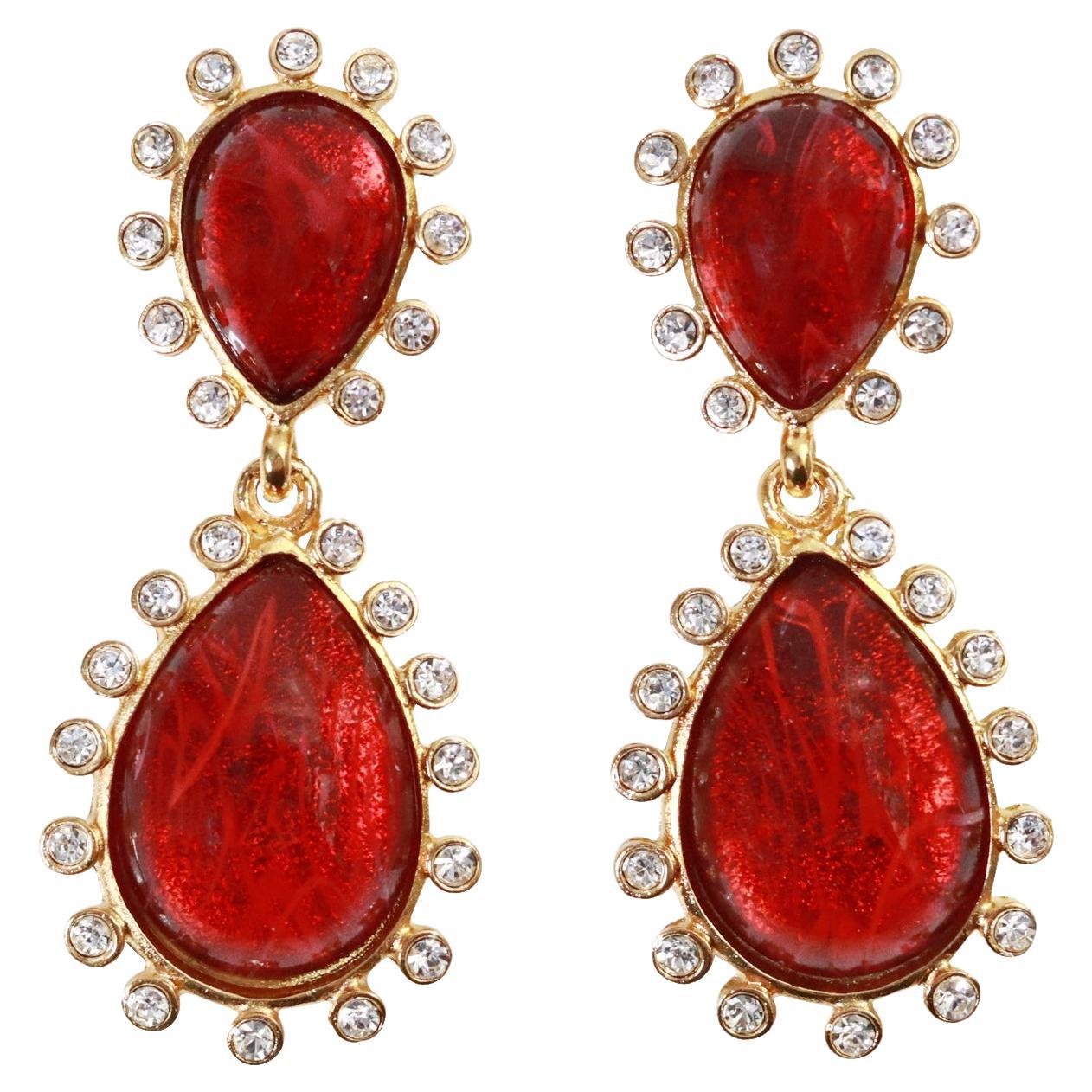 Collectible KJL Gold With Diamante Drop Red Resin Circa 2000s For Sale