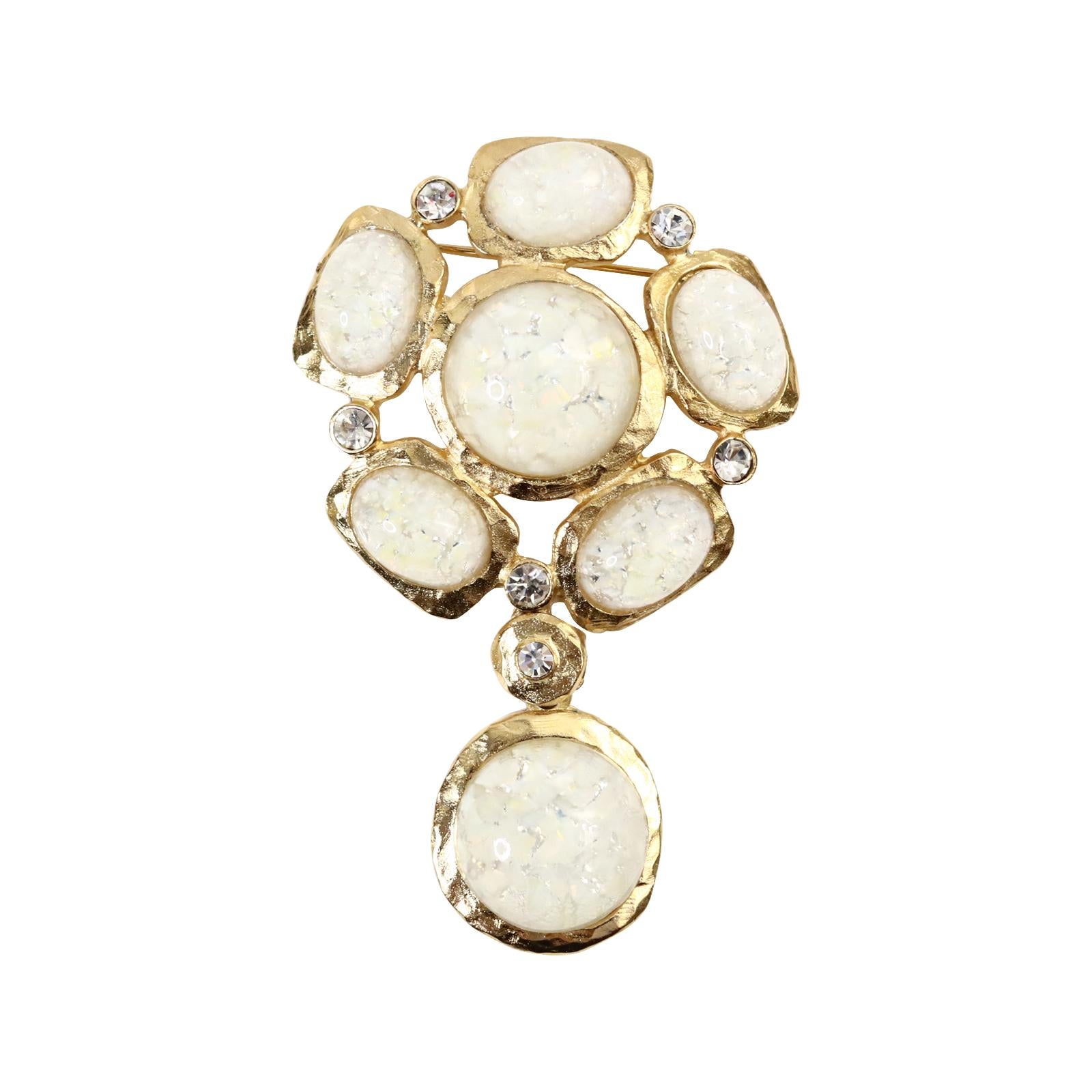 Collectible KJL Hammered Gold With Opal Cabochon Drop Brooch Circa 2000s. This lovely brooch is so chic with the gold and the the opal coloring and the small diamante and the drop.  It will look great on anything.