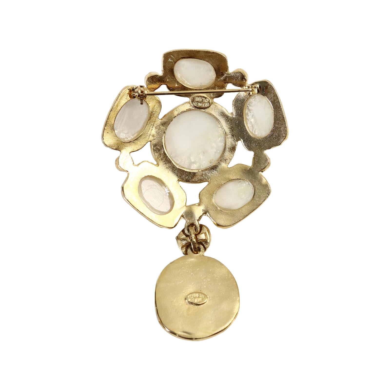 Modern Collectible KJL Hamered Gold with Opal Cabochon Drop Brooch, circa 2000s For Sale