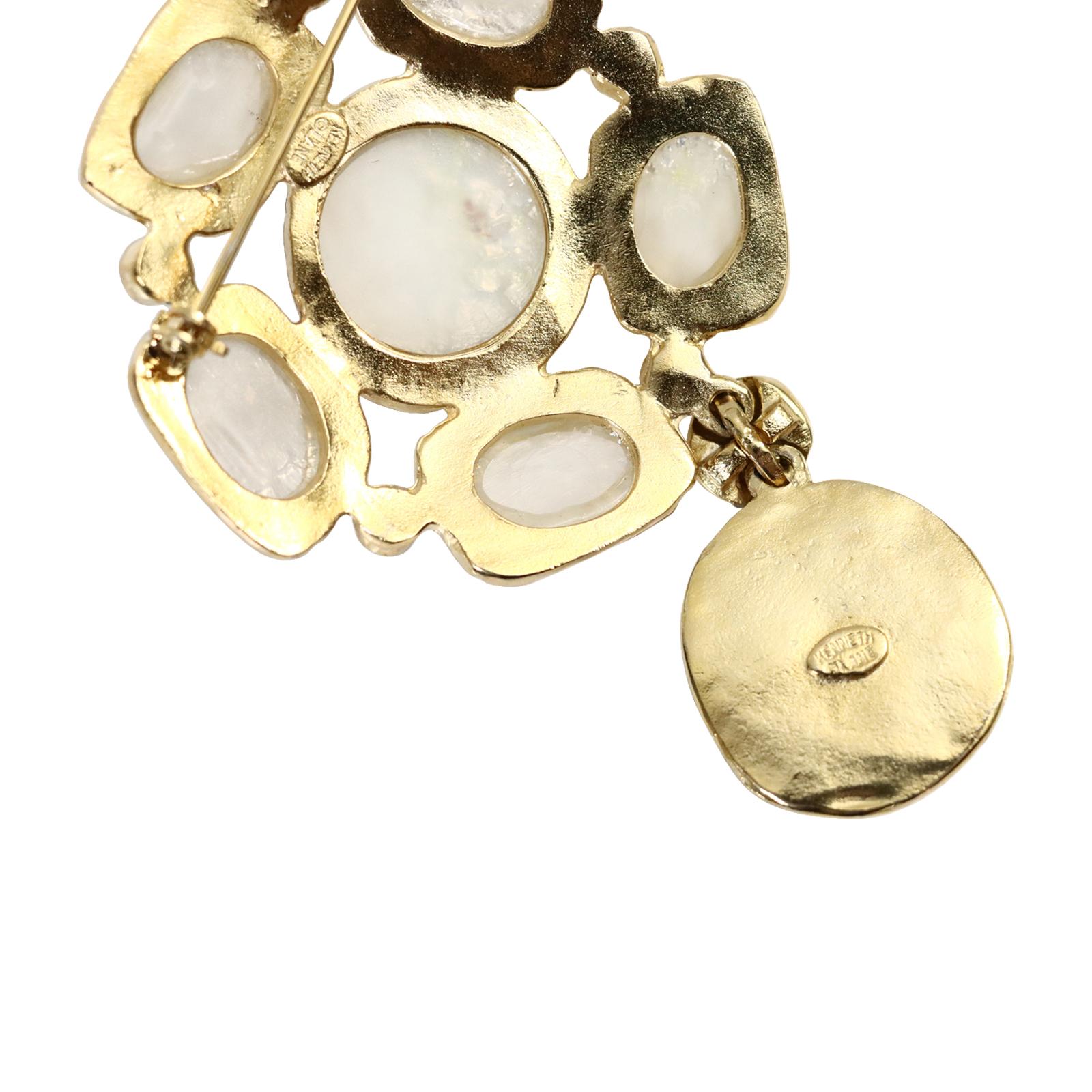 Collectible KJL Hamered Gold with Opal Cabochon Drop Brooch, circa 2000s In Excellent Condition For Sale In New York, NY