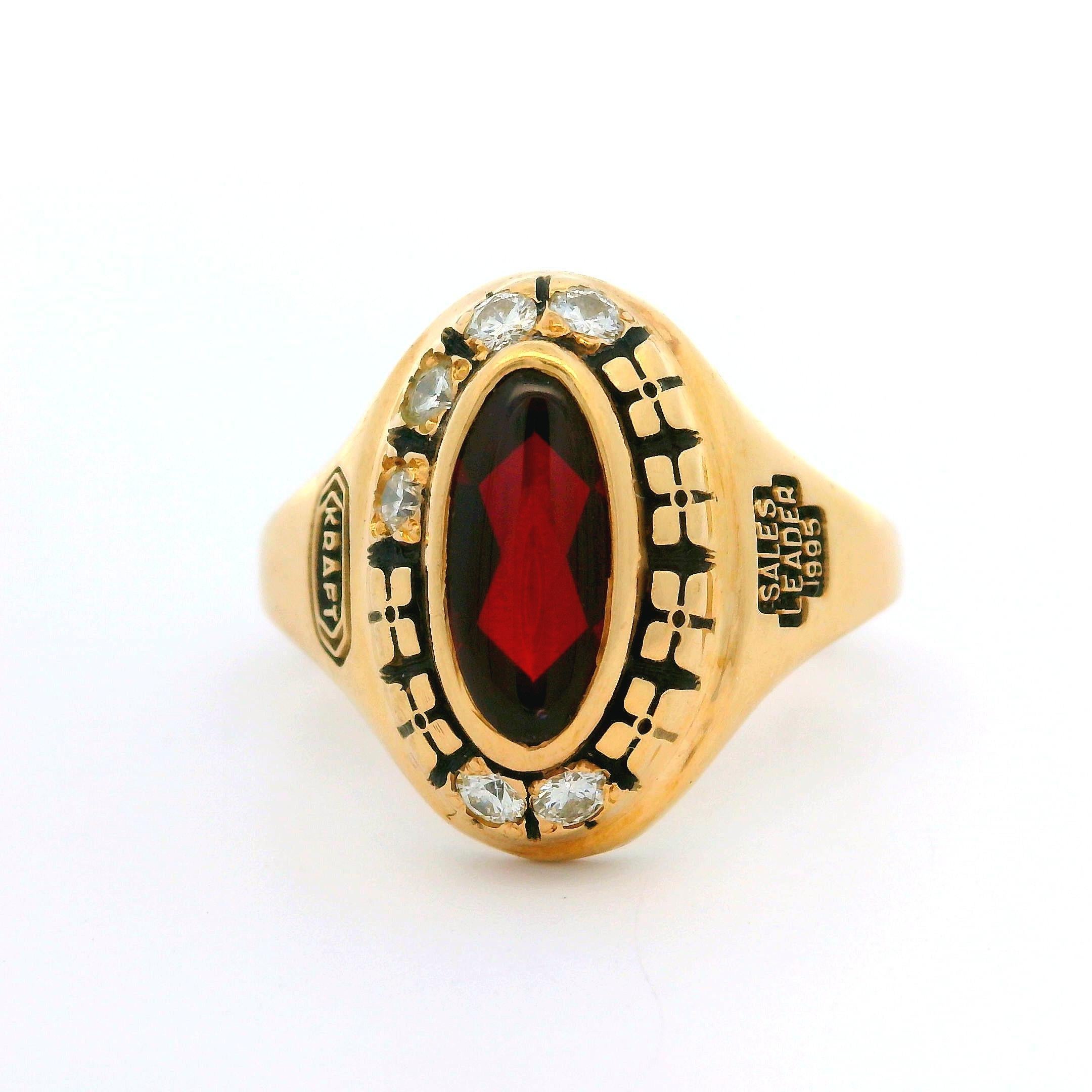 Collectible Kraft Sales Leader 1995 14k Yellow Gold Diamond & Red Stone Ring For Sale 5