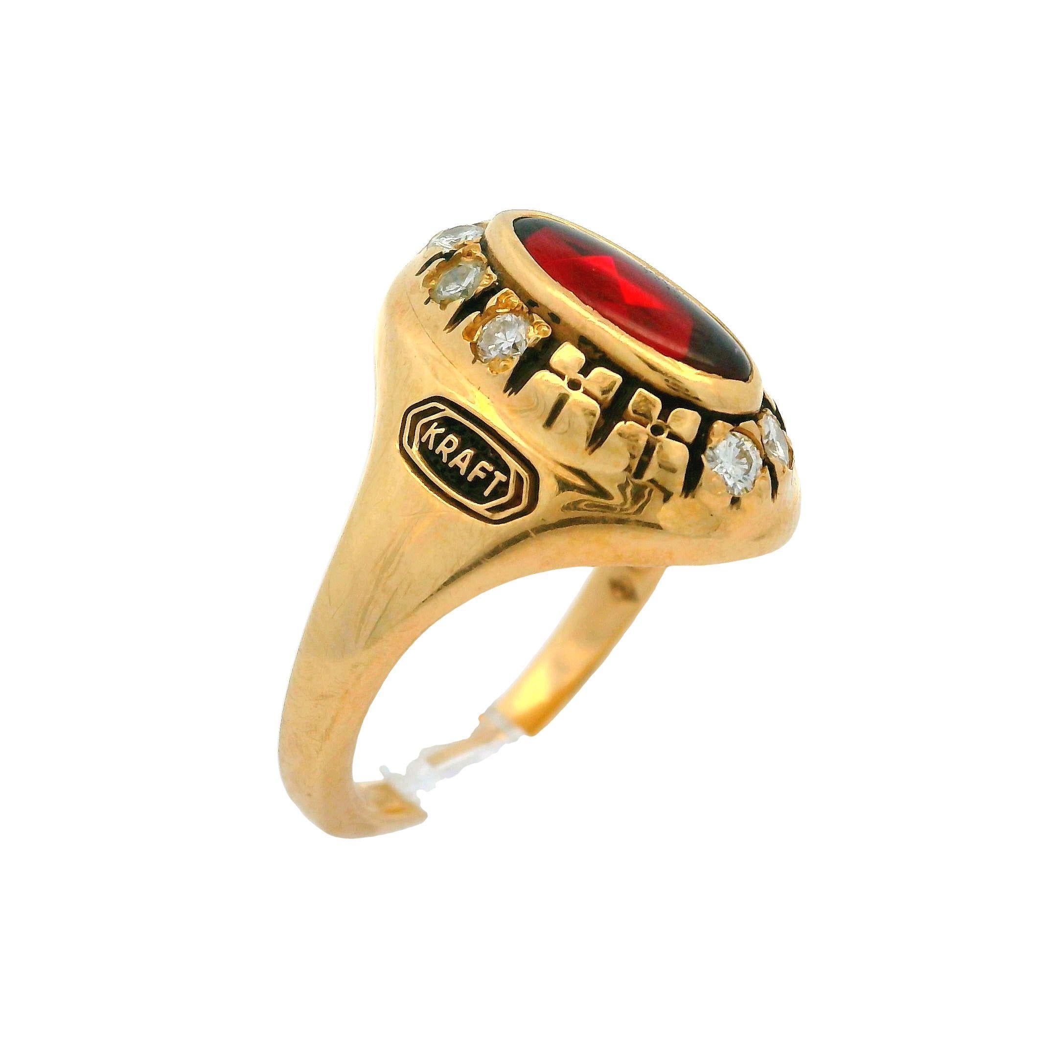 Oval Cut Collectible Kraft Sales Leader 1995 14k Yellow Gold Diamond & Red Stone Ring For Sale