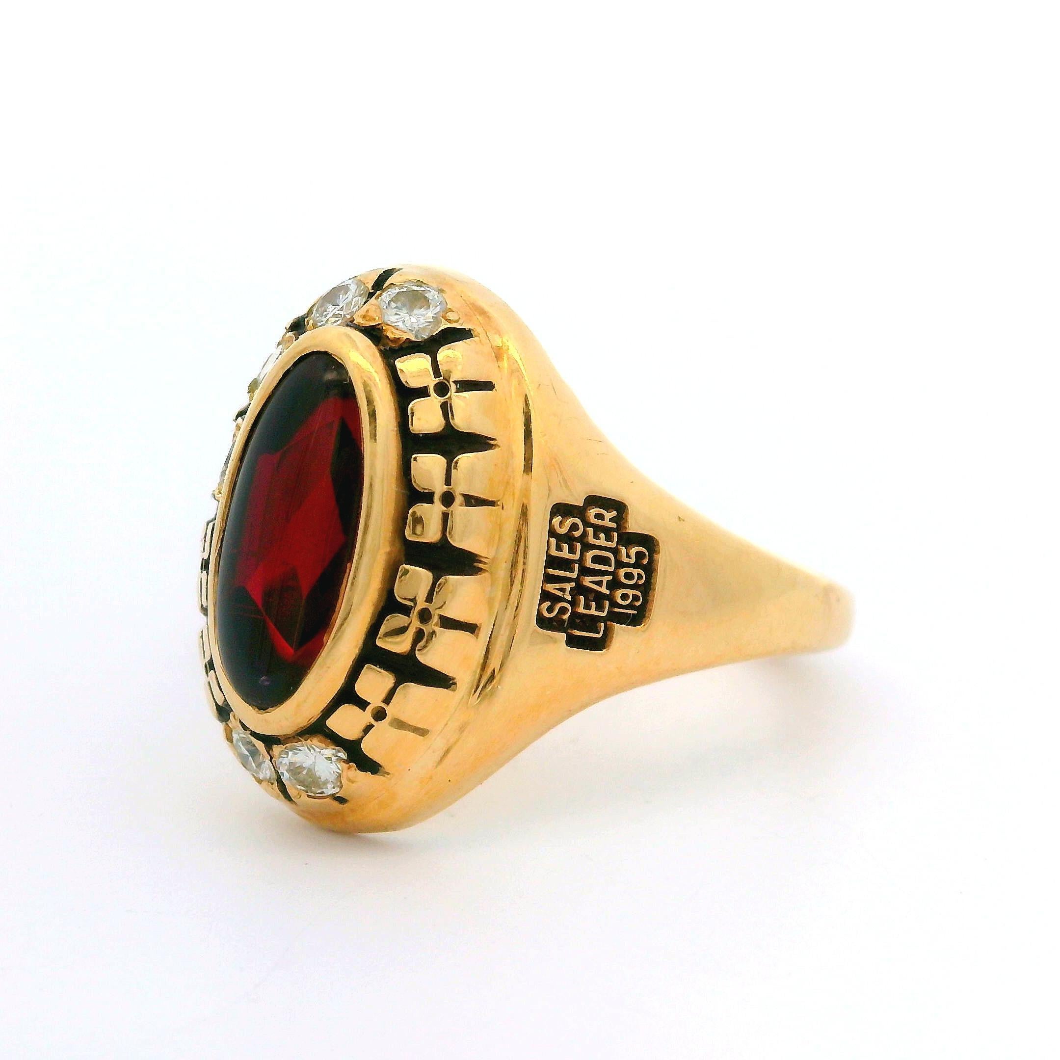 Women's Collectible Kraft Sales Leader 1995 14k Yellow Gold Diamond & Red Stone Ring For Sale