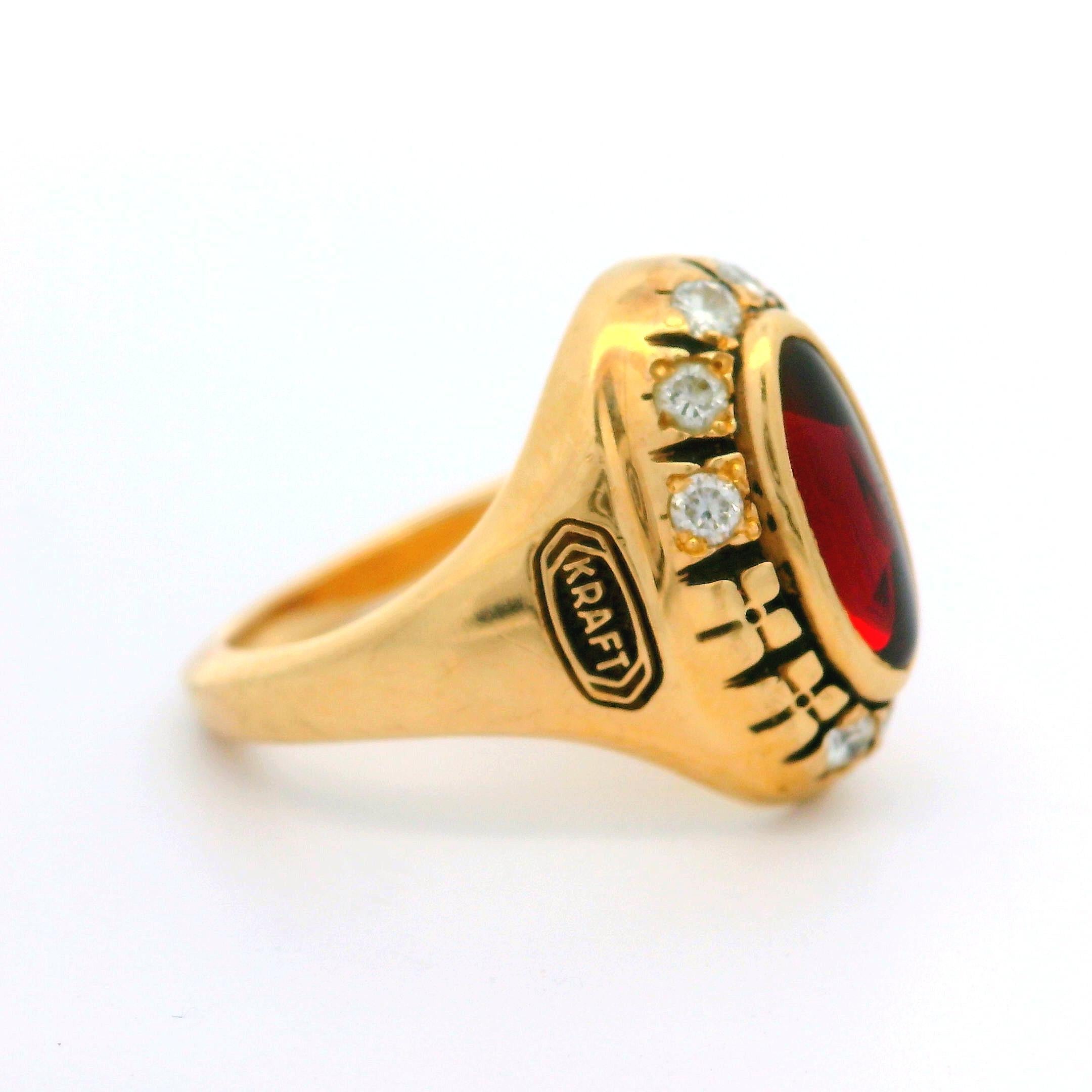 Collectible Kraft Sales Leader 1995 14k Yellow Gold Diamond & Red Stone Ring For Sale 1