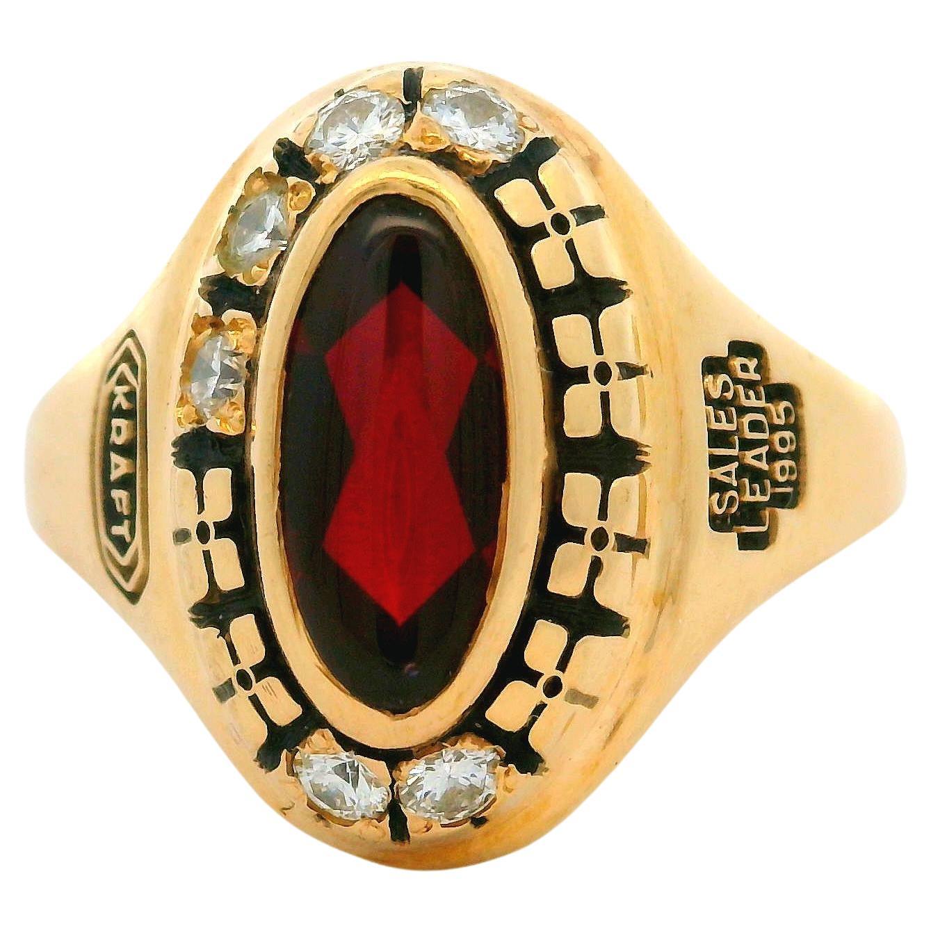 Collectible Kraft Sales Leader 1995 14k Yellow Gold Diamond & Red Stone Ring For Sale