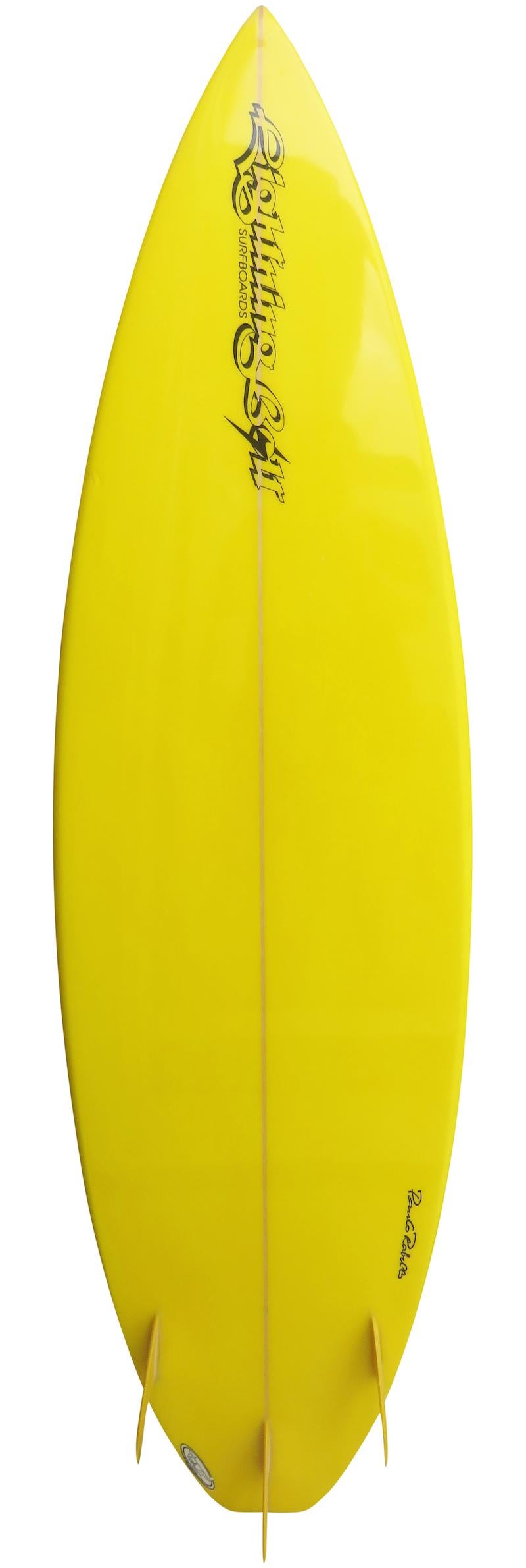 Collectible Lightning Bolt surfboard shaped by Paulo Rabello in São Paulo, Brazil. Featuring a beautiful yellow with red lightning bolt color scheme and glassed on thruster (tri-fin) setup. This collectible shortboard remains in all original