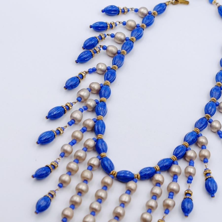 Collectible Miriam Haskell Bib necklace Faux Lapis and Pearl 1949 In Excellent Condition In Austin, TX