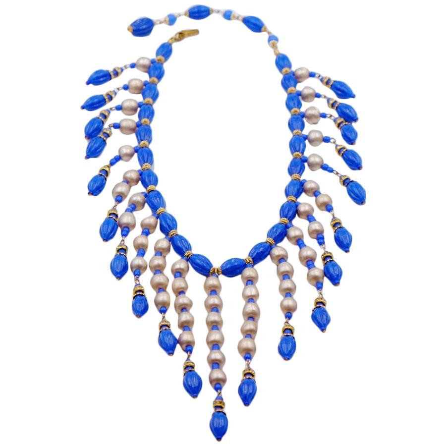 Collectible Miriam Haskell Bib necklace Faux Lapis and Pearl 1949