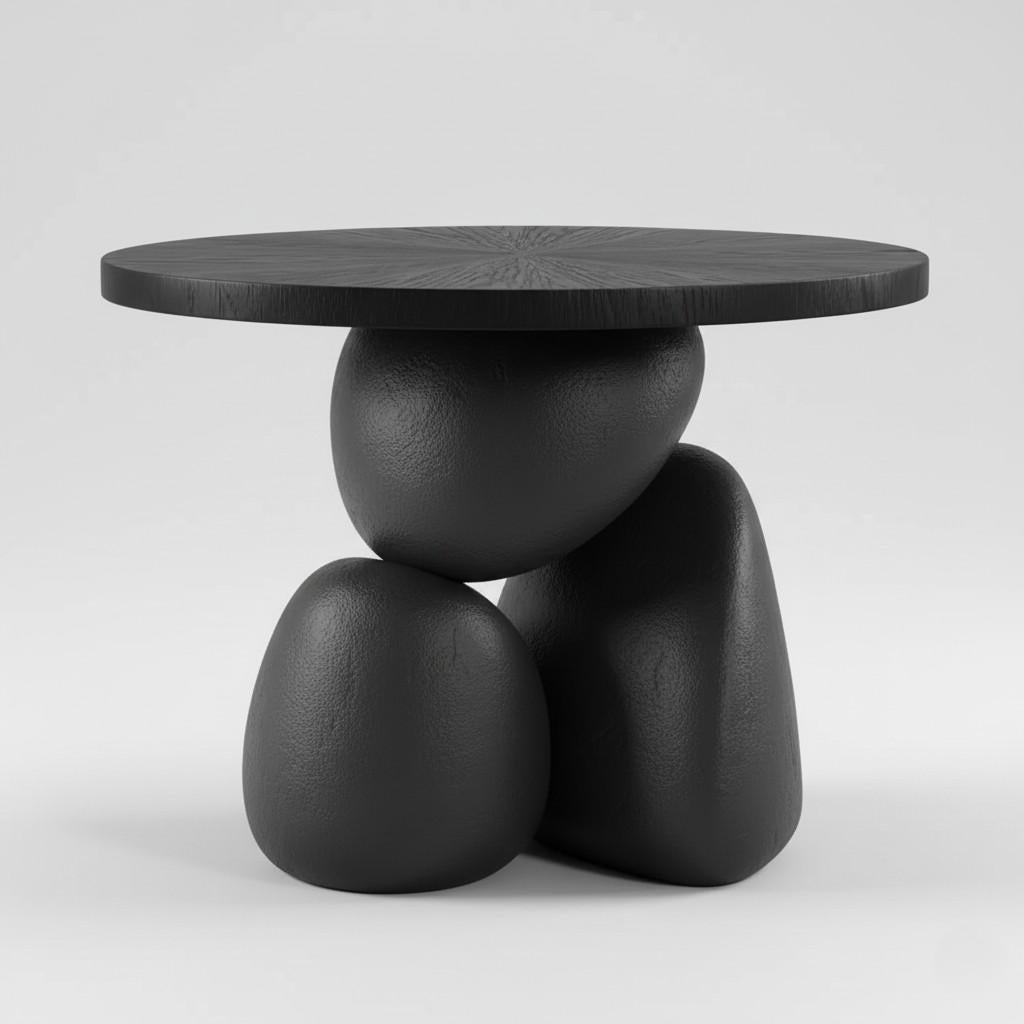 Cette table d'appoint ronde captivante est une étude à la fois du contraste des matériaux et de la forme artistique. Son plateau est un disque magnifiquement fini en bois de chêne noirci, où le grain naturel est mis en valeur par une base en plâtre