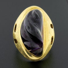 Collectible Modernist Burle Marx 18k Gold Carved Amethyst Florentine Finish Ring