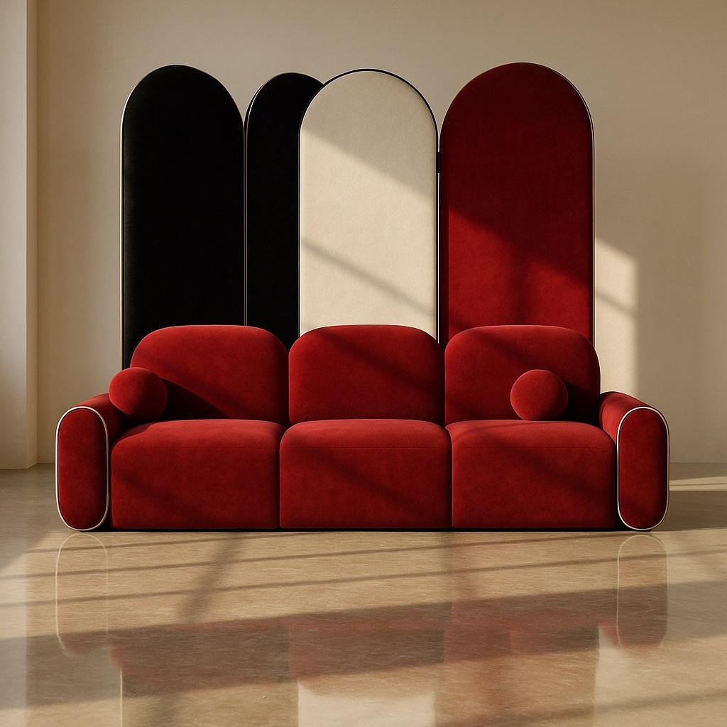 Collectional Modular Sofa aus tiefrotem Samt mit grafischen Paspeln (Art déco) im Angebot