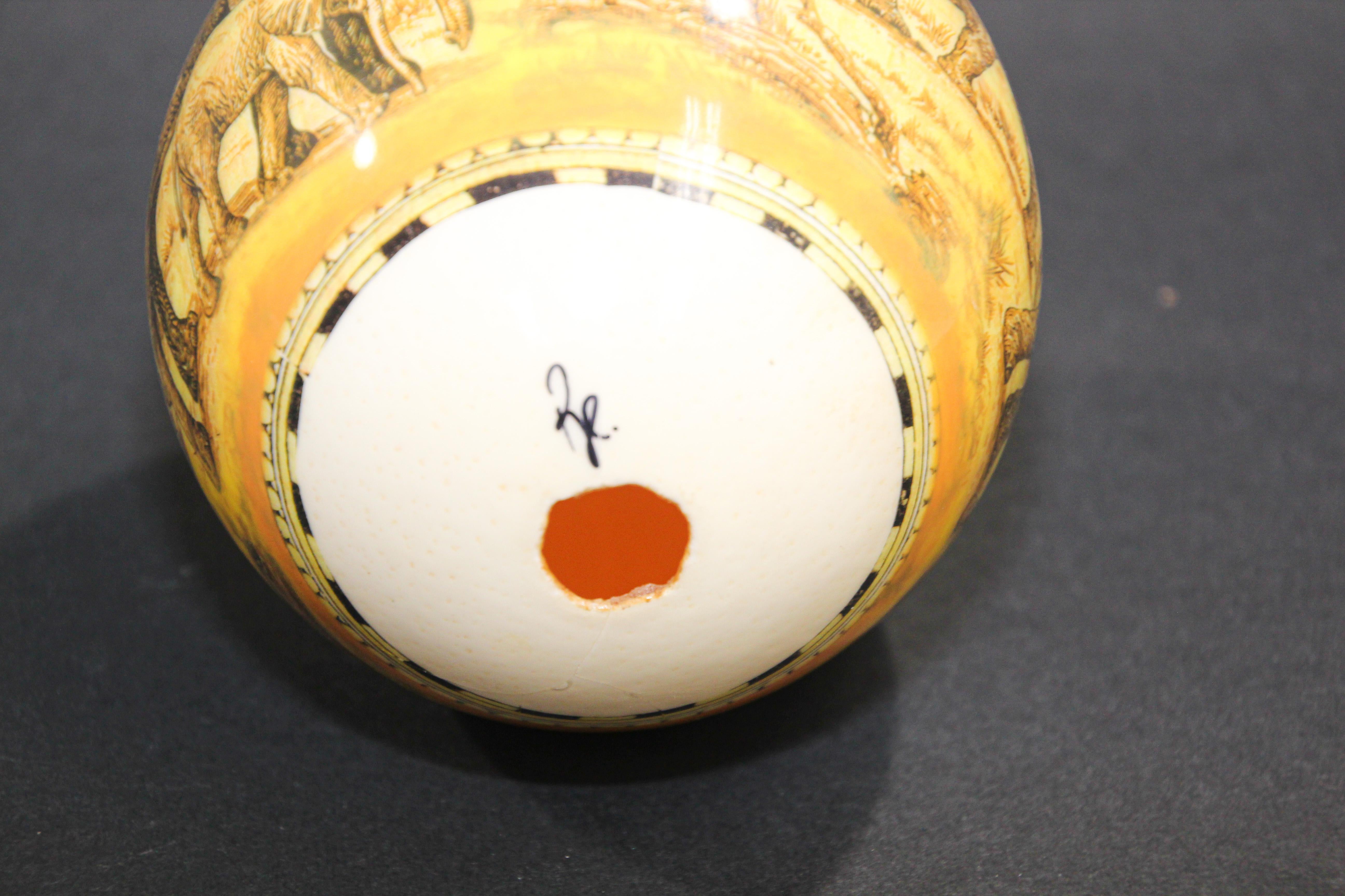 20th Century Collectible Ostrich Egg Shell Handpainted with Elephants Scene