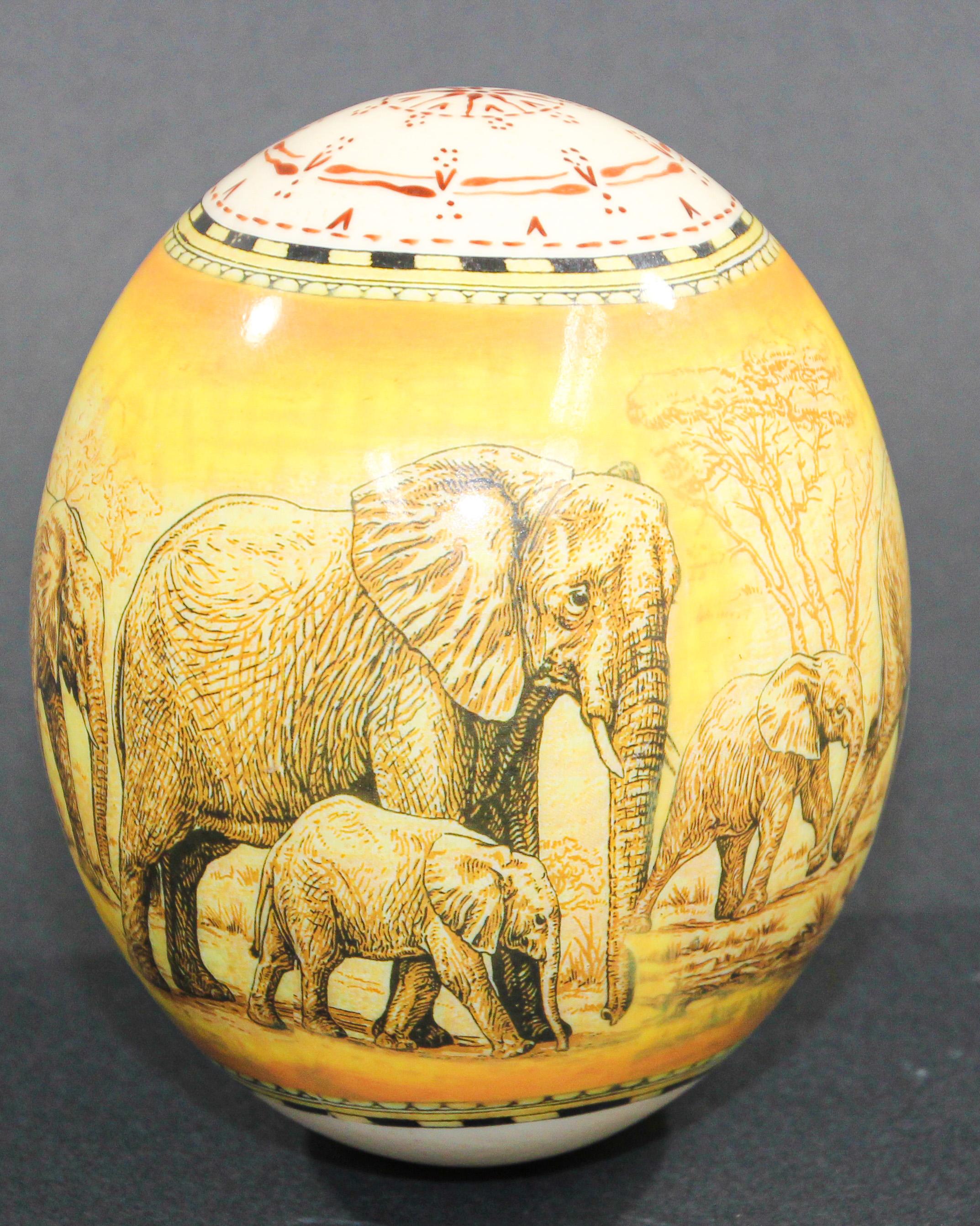 Collectible Ostrich Egg Shell Handpainted with Elephants Scene 1