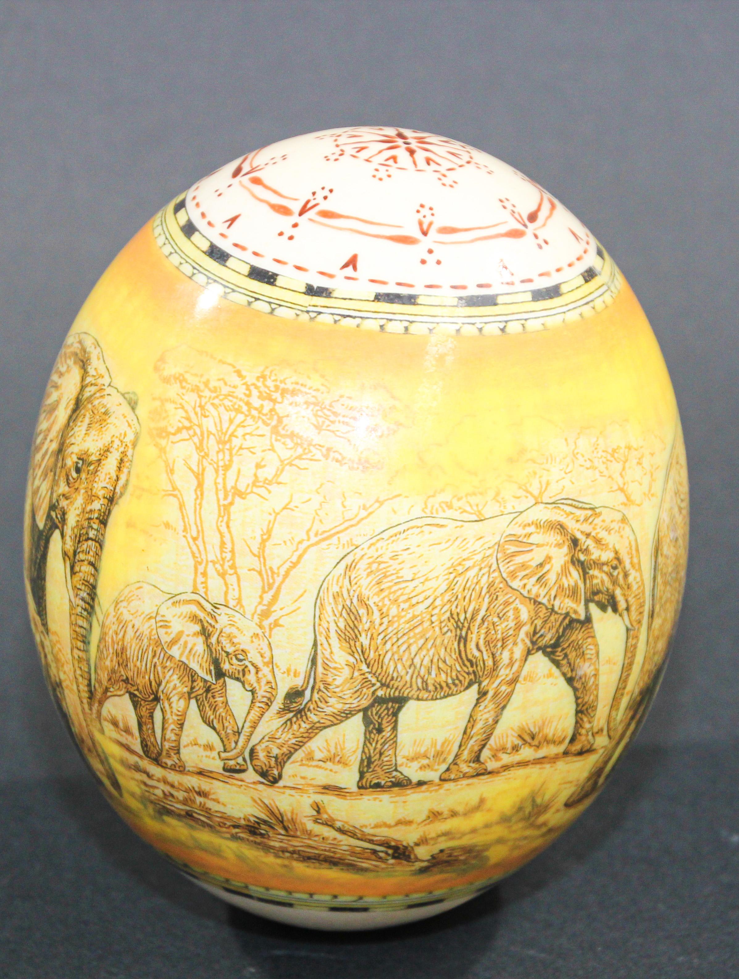 Folk Art Collectible Ostrich Egg Shell Handpainted with Elephants Scene