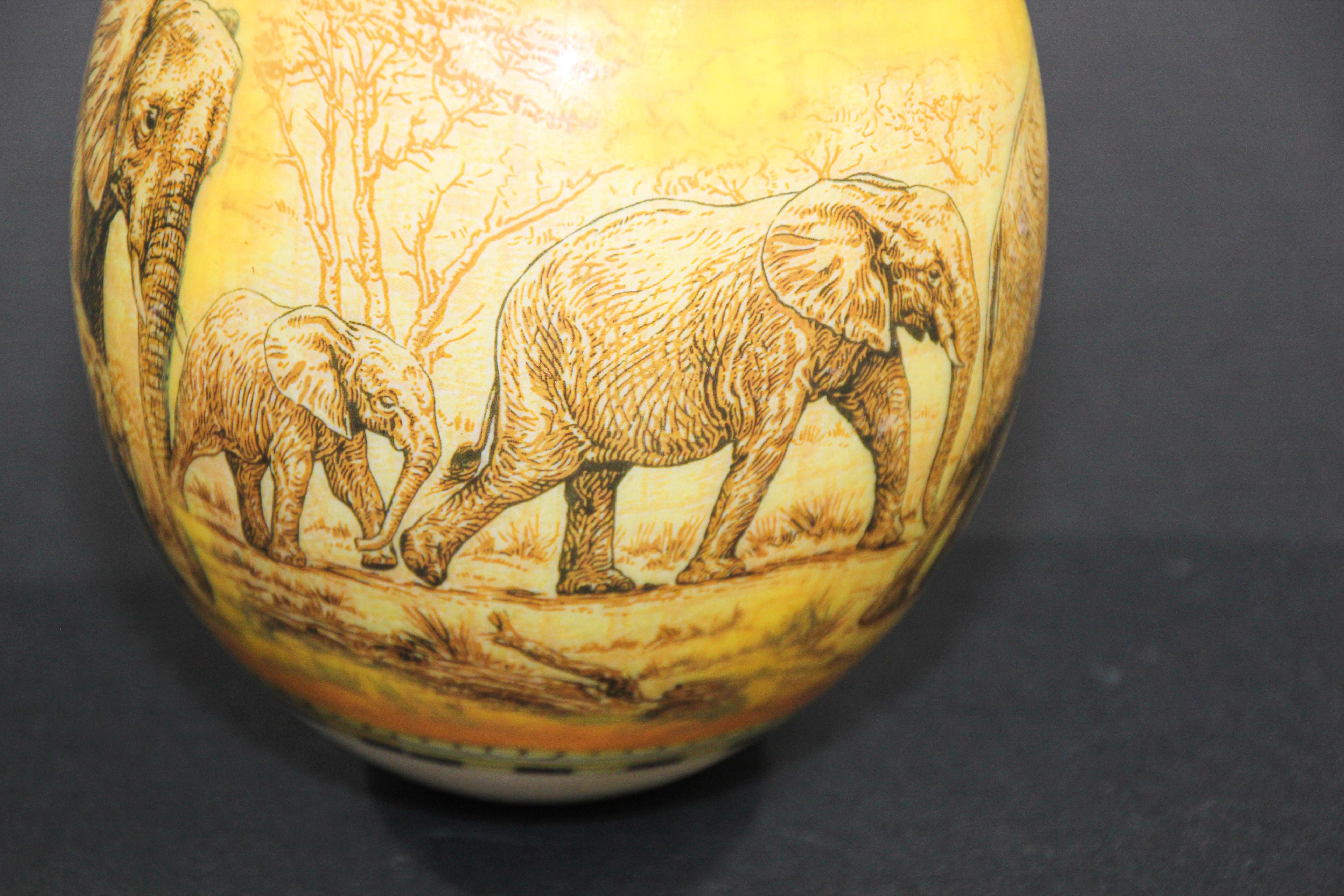 African Collectible Ostrich Egg Shell Handpainted with Elephants Scene