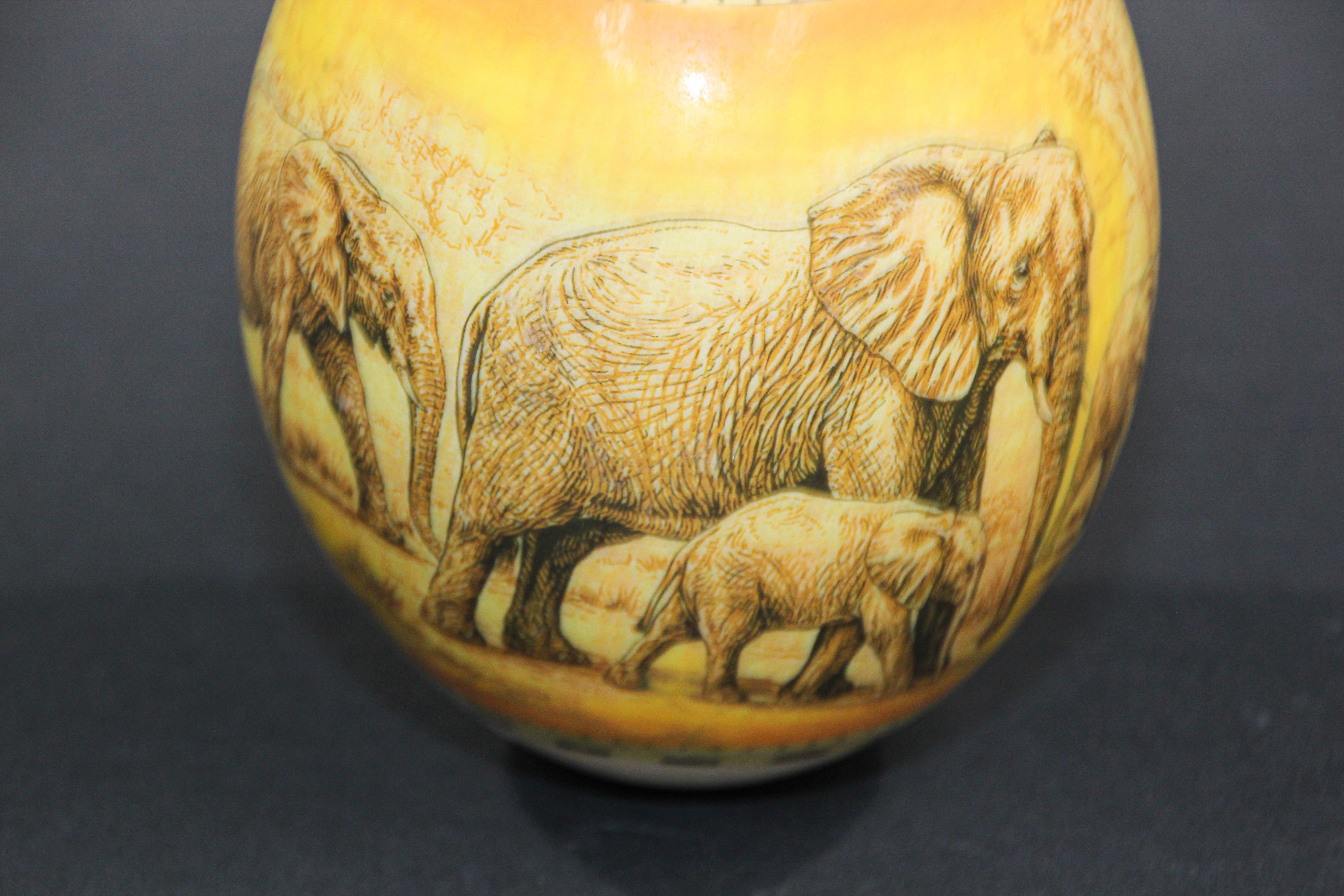 Hand-Painted Collectible Ostrich Egg Shell Handpainted with Elephants Scene