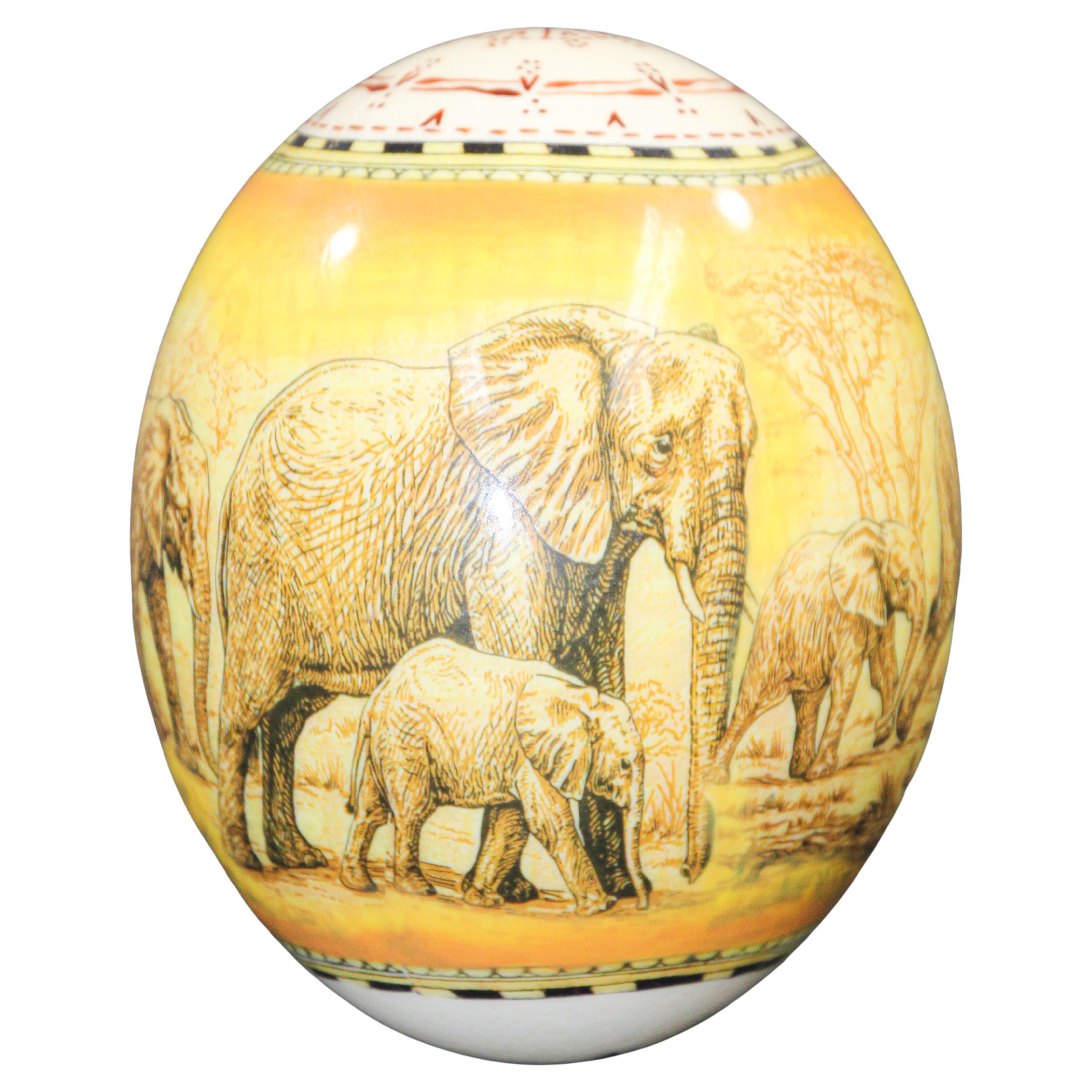 Collectible Ostrich Egg Shell Handpainted with Elephants Scene