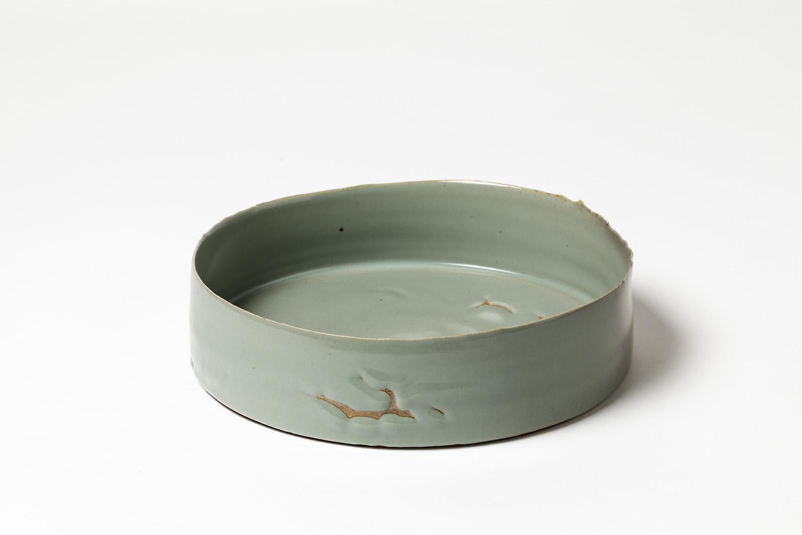 Contemporary Collectible Rare Celadon Ceramic Plate by Emmanuel Boos French Artist For Sale