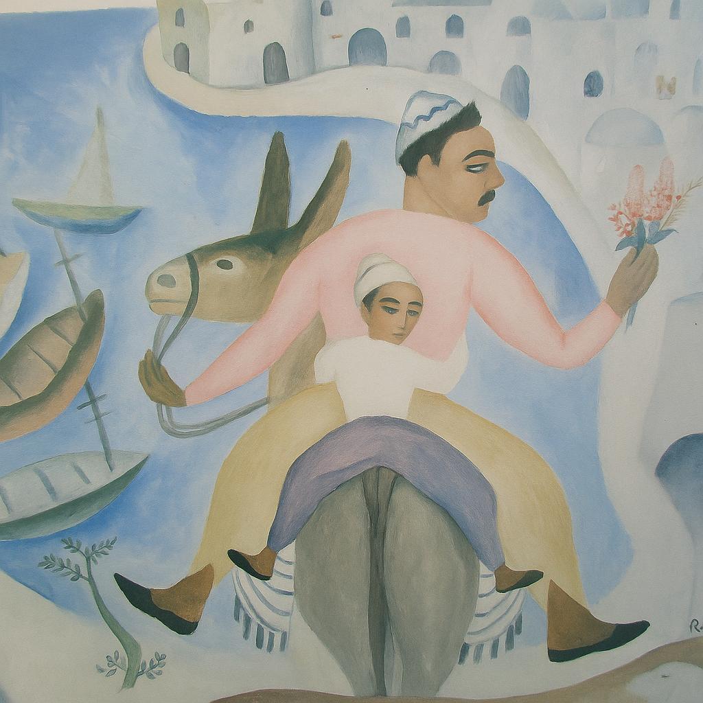 Sammlerstück Reuven Rubin Museum Vintage Poster von einem Mann auf einem Esel mit seinem Sohn (Sonstiges) im Angebot