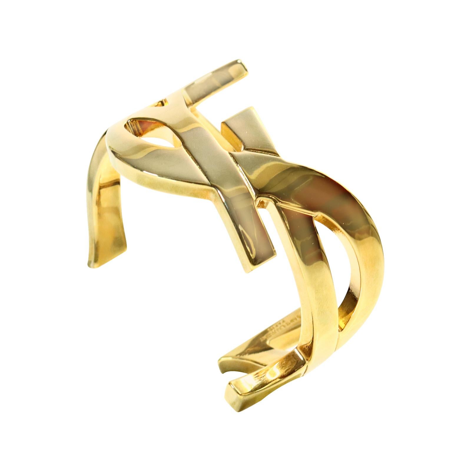 Collectible Saint Laurent YSL Gold Tone YSL Wrap Around Heavy Cuff Circa 2012 For Sale 2