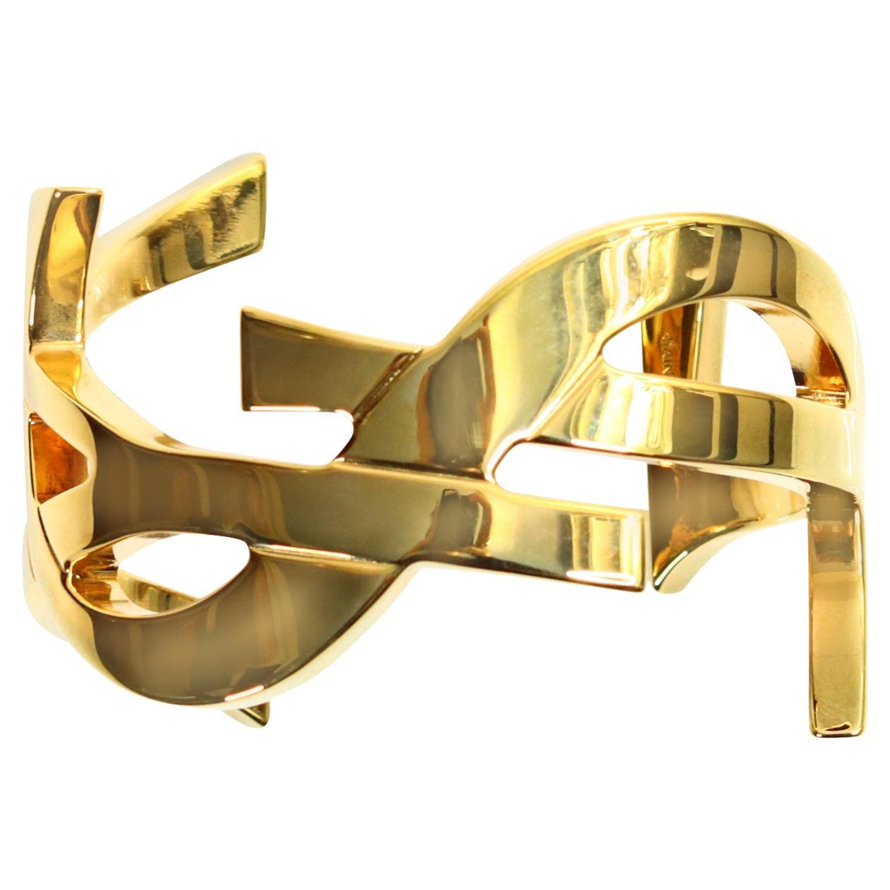 Collectible Saint Laurent YSL Gold Tone YSL Wrap Around Heavy Cuff Circa 2012 For Sale 3