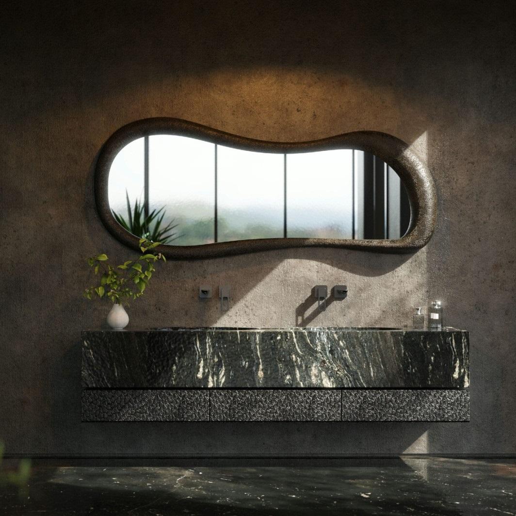 Mid-Century Modern Collectible Sculptural Organic Mirror in Textured Black Volcanic Finish For Sale