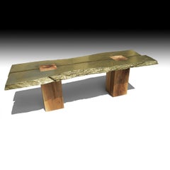 "BRUT" Collectible Sculpture Solid Wood Dining Table with Brass Metal Slabs