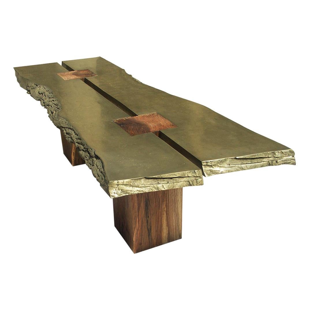 Collectible Sculpture Solid Wood Dining Table with Brass Metal Slabs Like "BRUT"