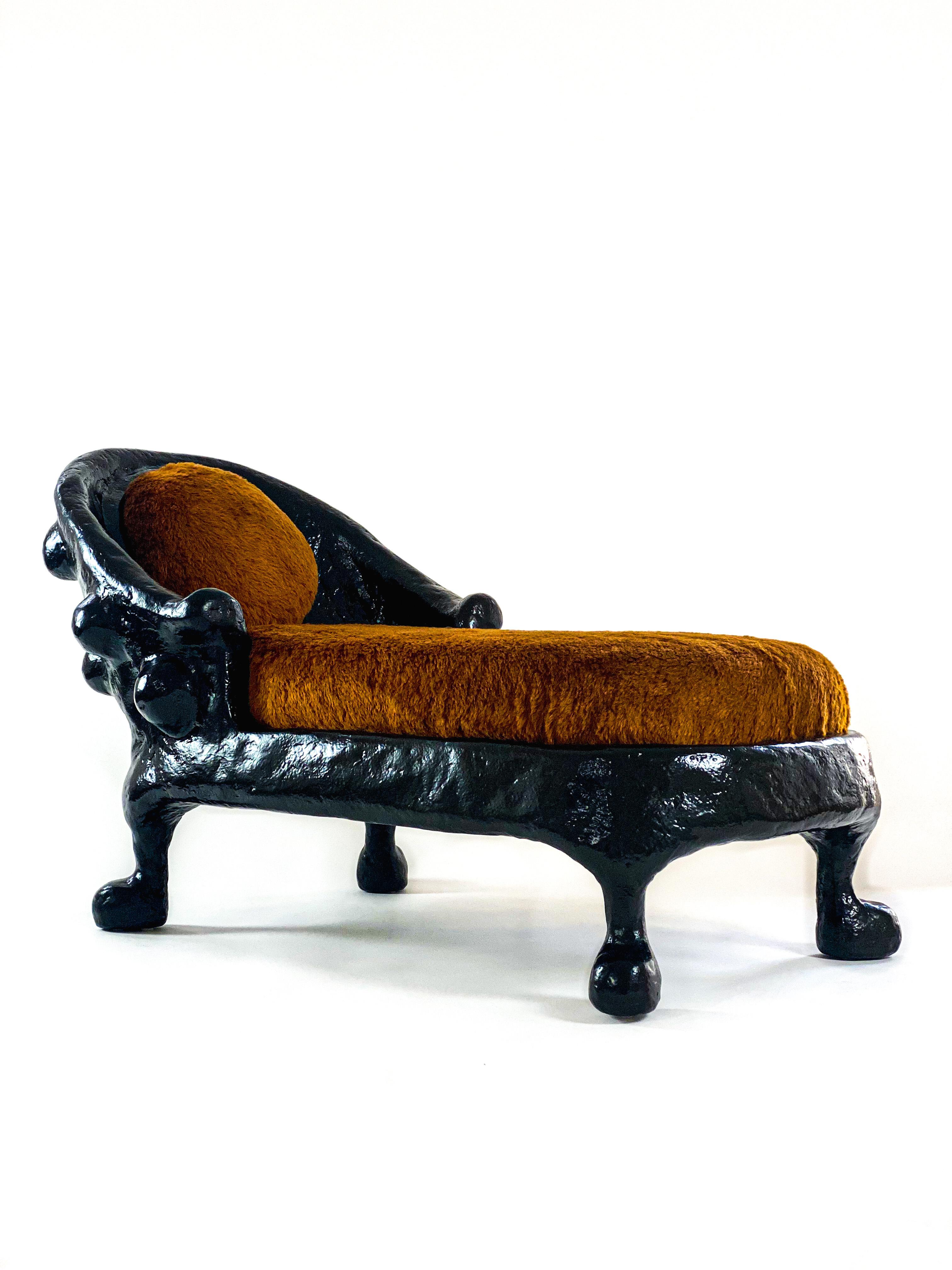 Crafted by hand, the Shell Chaise is a playful yet demanding presence that explores a new way of thinking in regards turn of the century Victorian furniture. Torn down, re-built, and formed, each chaise is a unique functional art piece constructed
