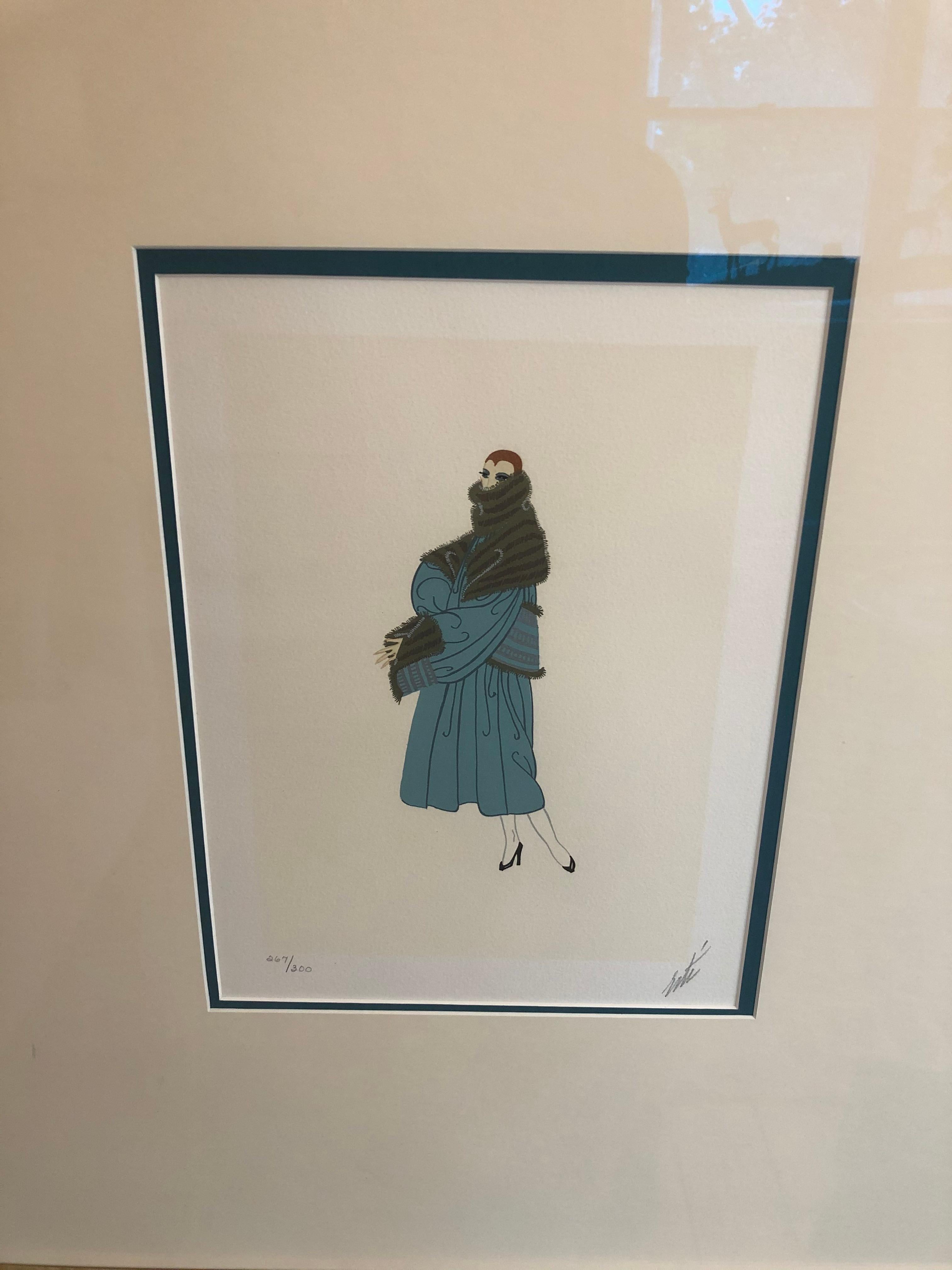 Ein klassisches Kunstwerk von Erte (Romain de Tirtoff) Russisch/Französisch 1892-1990. Es handelt sich um eine mit Bleistift signierte Lithografie, rechts unten, links unten nummeriert 267/300. Das Motiv ist eine seiner super stilisierten modischen