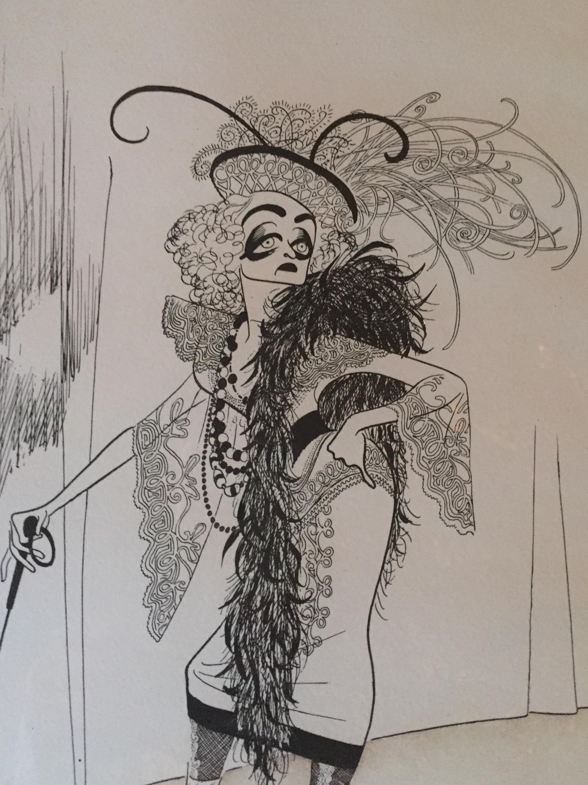 Wonderful hand signed limited edition etching by the iconic cartoon artist Al Hirschfeld, where the subject matter is Bette Davis decked out in feathered hat, spike high heels and umbrella.
Signed, AP XXVIII  (28/30)
14 x 10.5 etching itself