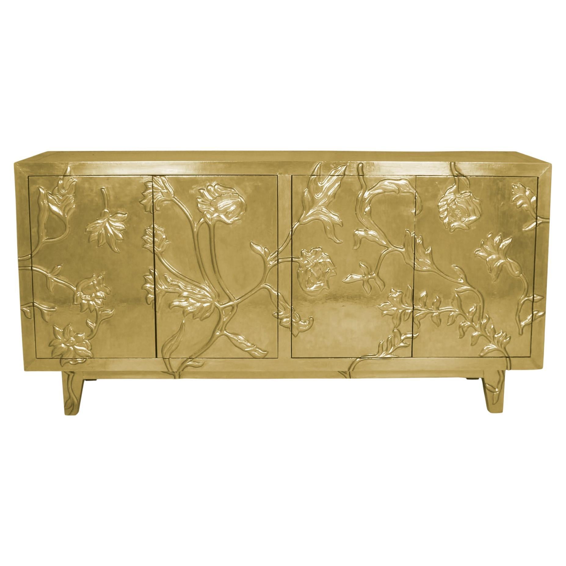 Collectible Smooth Brass Floral Sideboard – Artisan Metal Clad Credenza