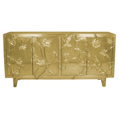 Collectible Smooth Brass Floral Sideboard – Artisan Metal Clad Credenza