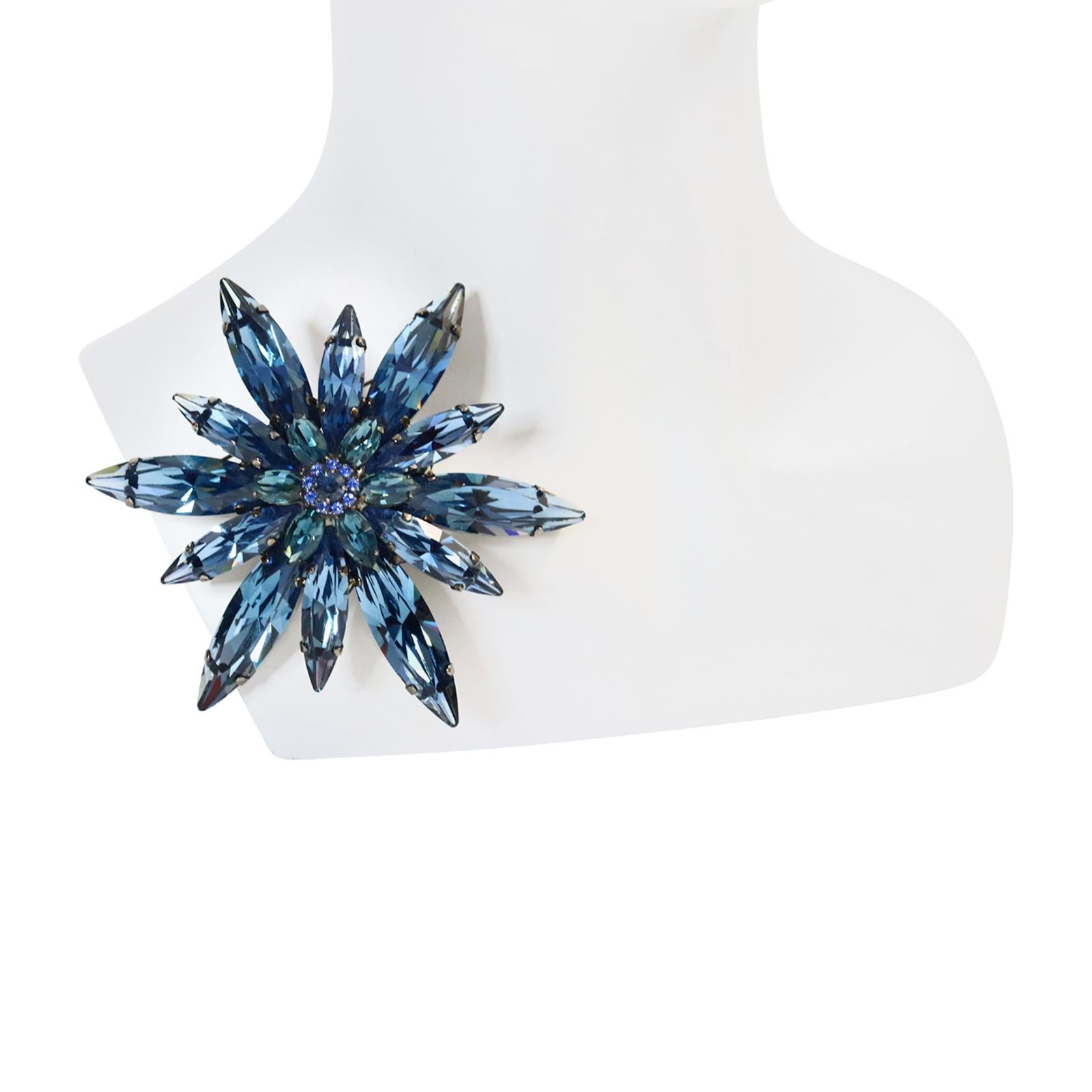 Collectible Tim Szlyk Montana Blue Crystal Brooch. Marked #2 of 25.  This is a three layer bocch that is just remarkable. Pring set.  Would look great on the back of a jacket at the waist which is one of my favorite places to wear a large brooch.