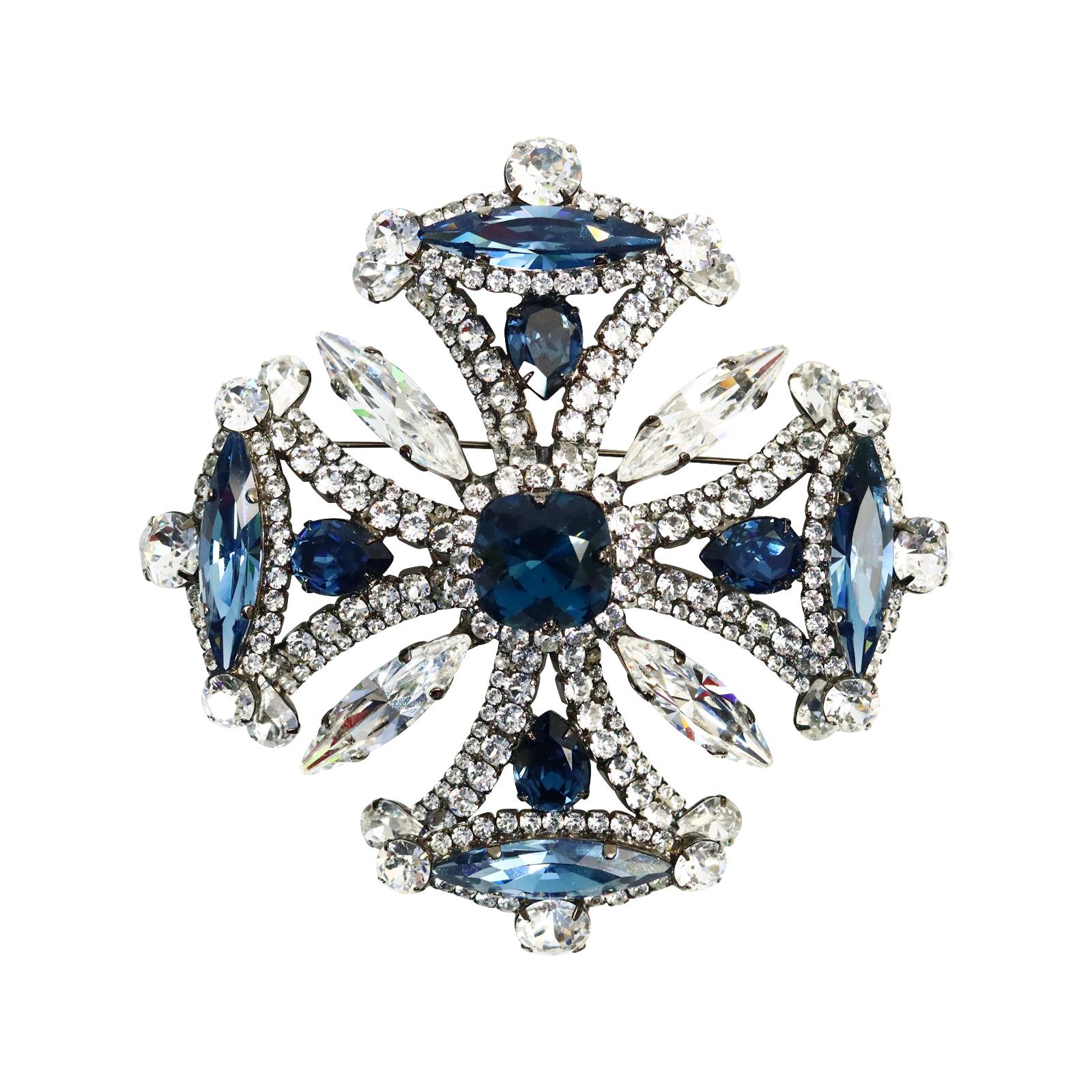 Collectible Tim Szlyk Sapphire Blue and Clear Crystal Brooch and Pendant.  In the shape of a Maltese cross. His work is remarkable. Prong set.  Would look great on the back of a jacket at the waist which is one of my favorite places to wear a large
