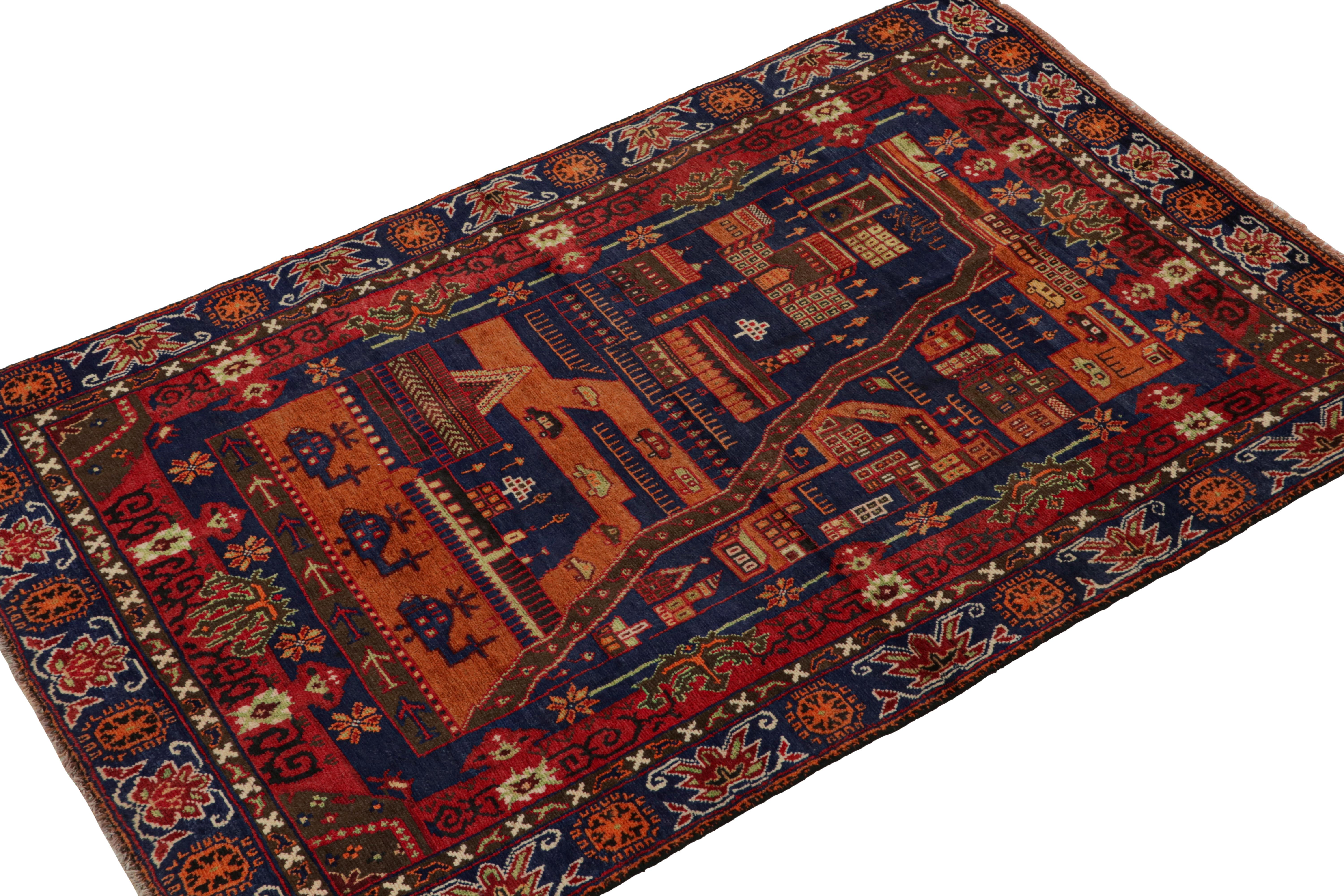 Hand-knotted in wool and goat hair, this 4x6 vintage Baluch rug is an extremely rare and collectible pictorial design from the Rug & Kilim collection. 

On the Design:

Connoisseurs will note few works found of this nomadic provenance enjoy