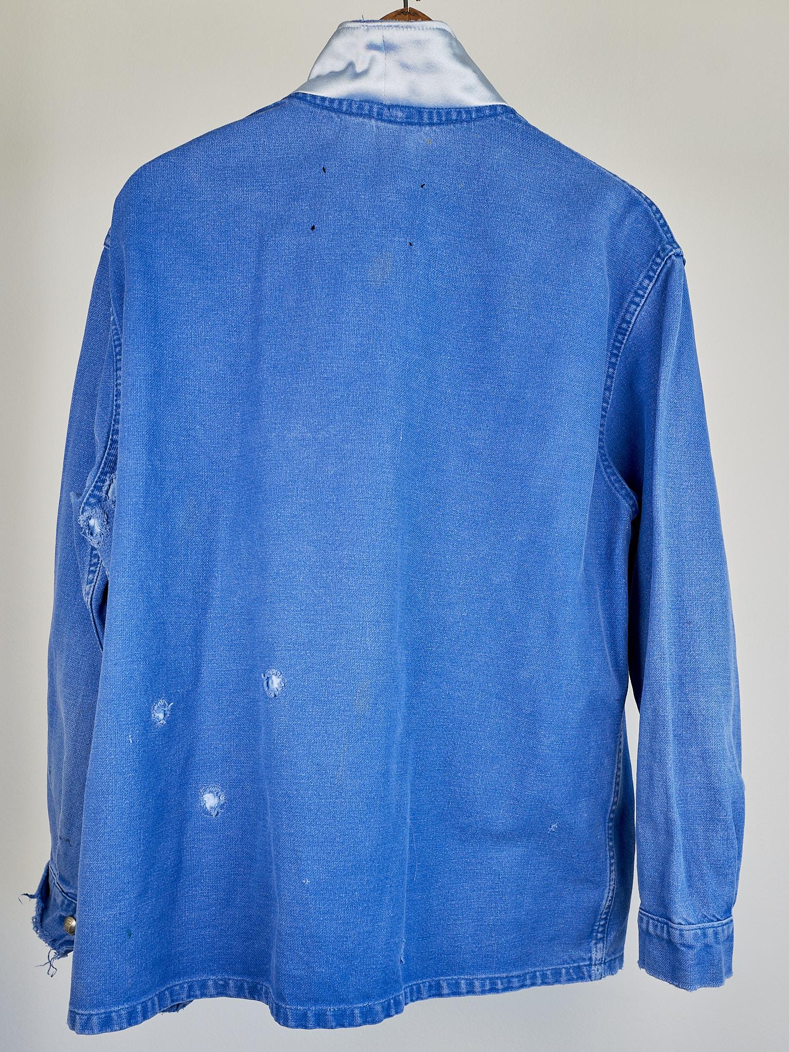 Collectible Vintage Blue Cobalt Distressed Jacket  French Work Wear Silver Tweed 6