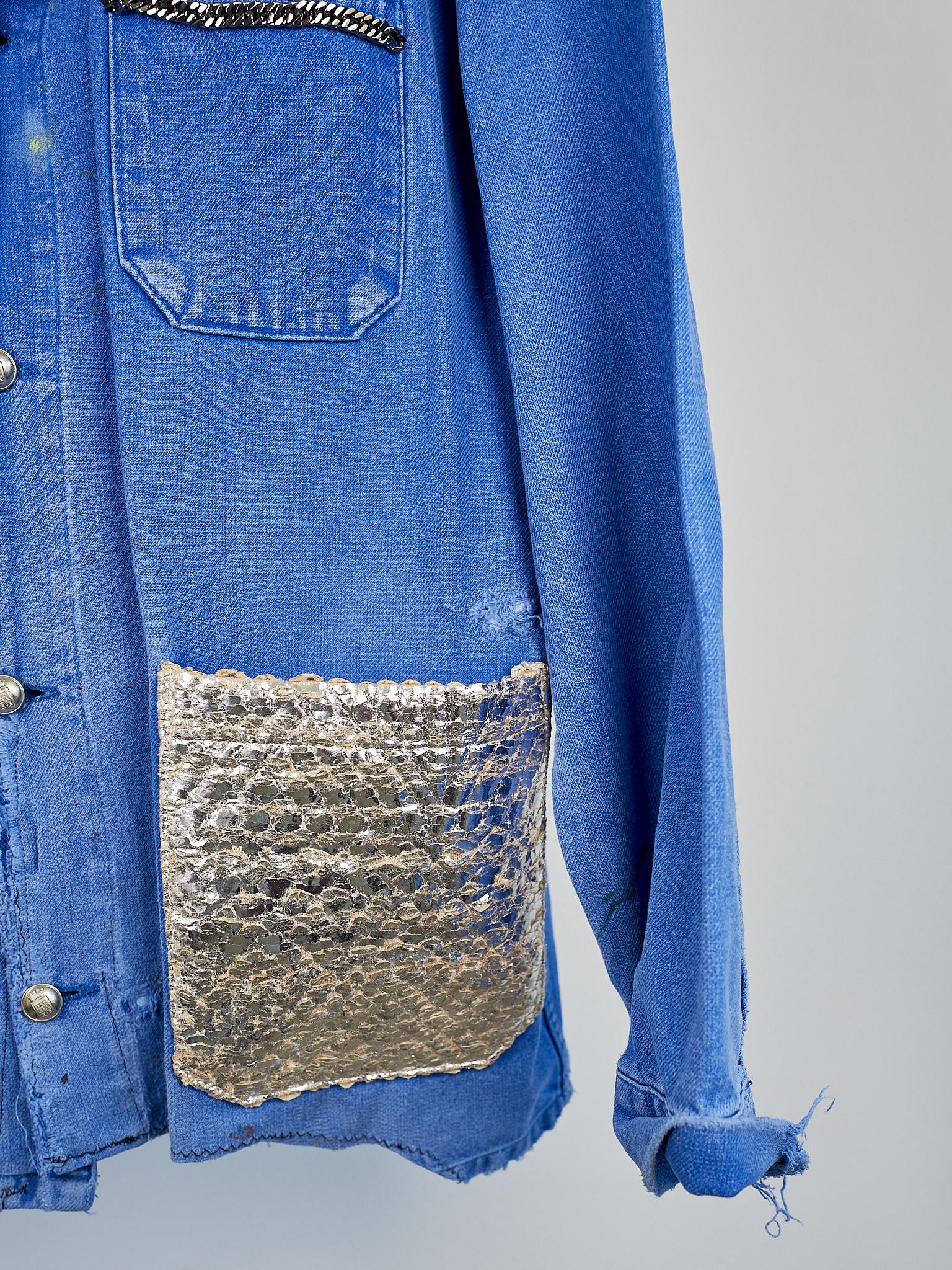 Collectible Vintage Blue Cobalt Distressed Jacket  French Work Wear Silver Tweed 1