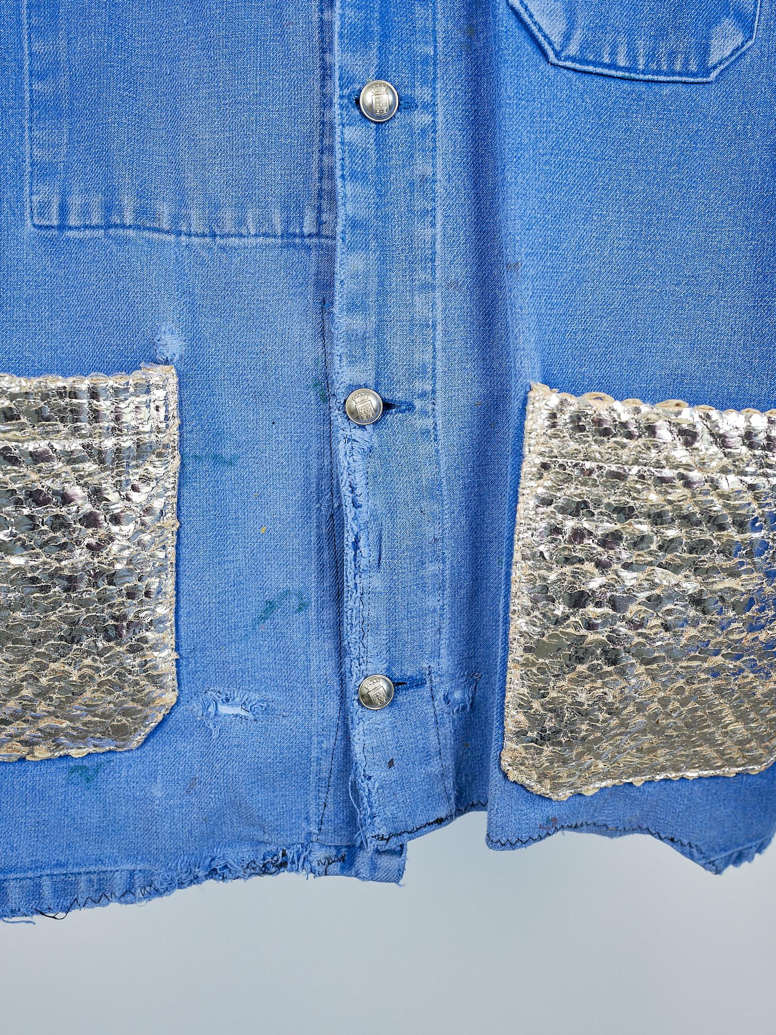 Collectible Vintage Blue Cobalt Distressed Jacket  French Work Wear Silver Tweed 2