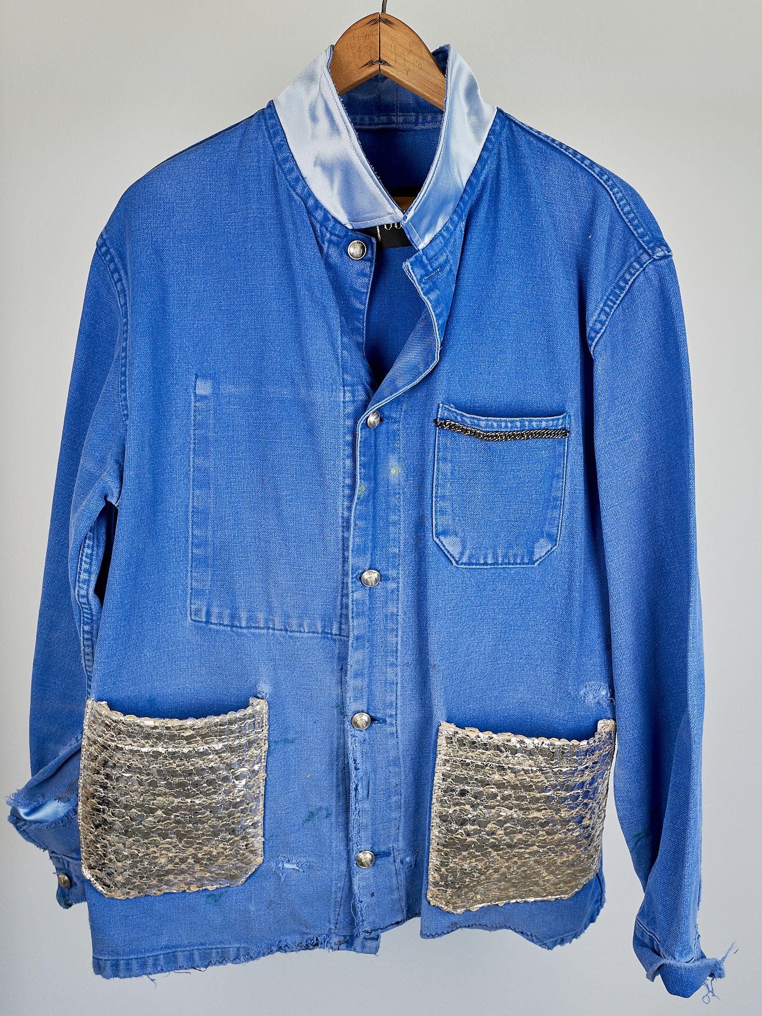 Collectible Vintage Blue Cobalt Distressed Jacket  French Work Wear Silver Tweed 3
