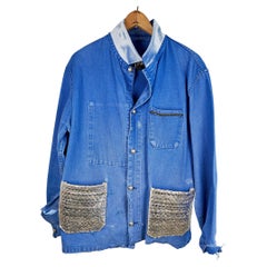 Collectible Vintage Blue Cobalt Distressed Jacket  French Work Wear Silver Tweed