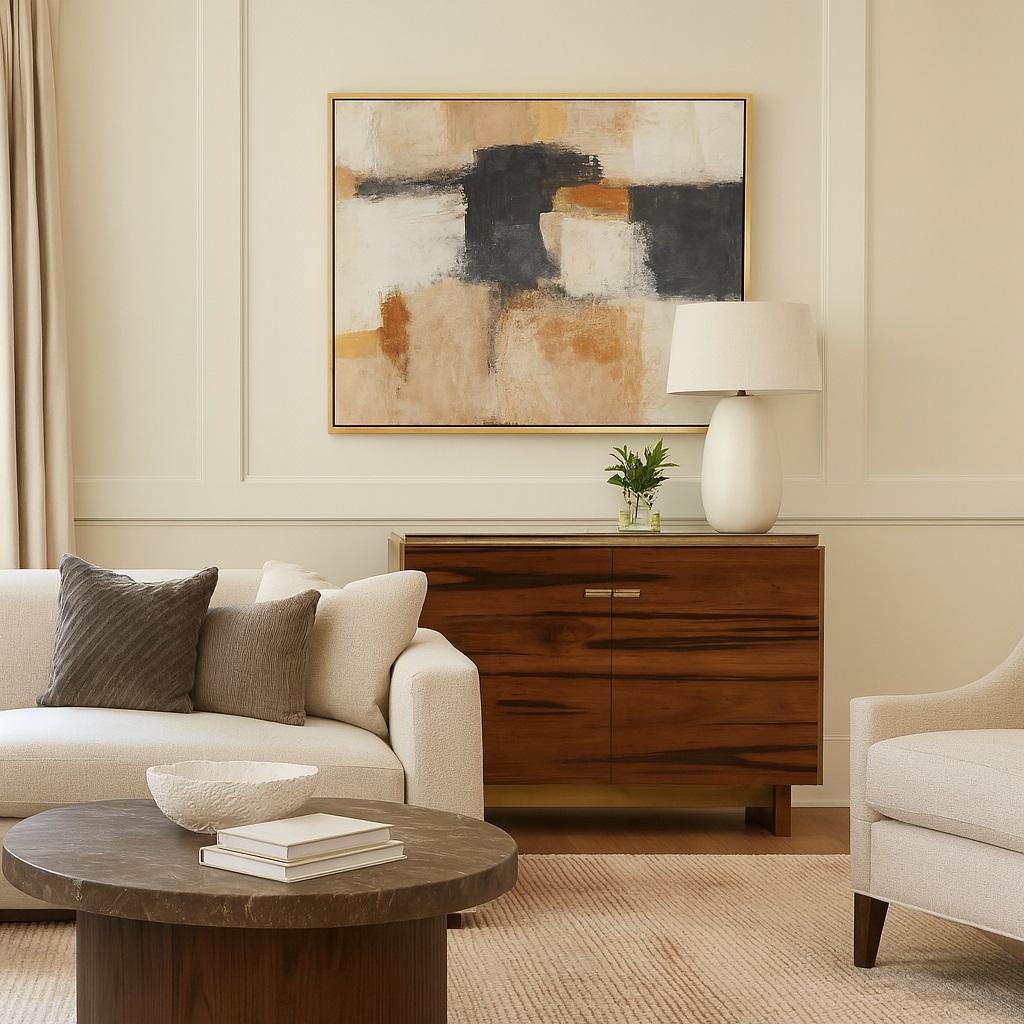 Modern Collectible Walnut Root Cabinet with Brass Accents & High-Gloss Finish For Sale