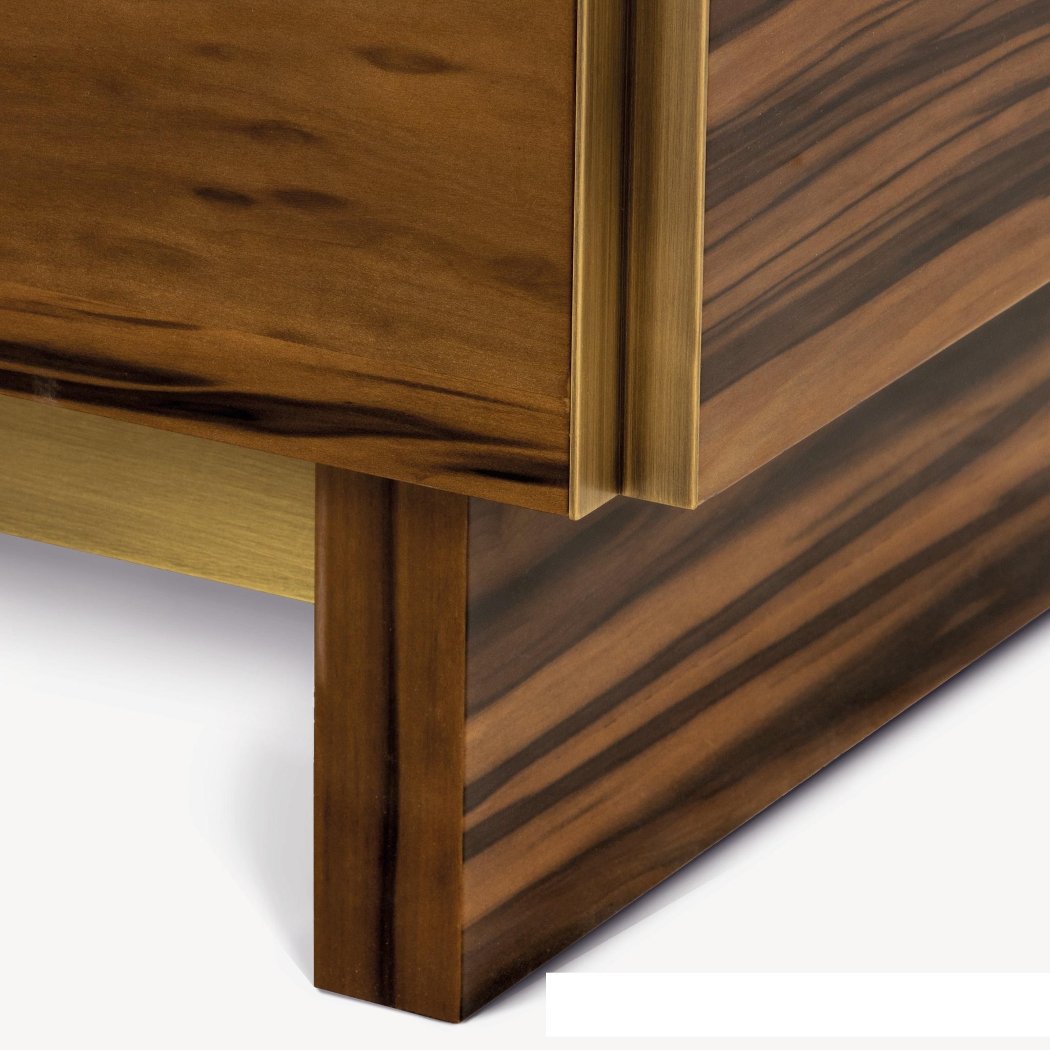 Portuguese Collectible Walnut Root Cabinet with Brass Accents & High-Gloss Finish For Sale