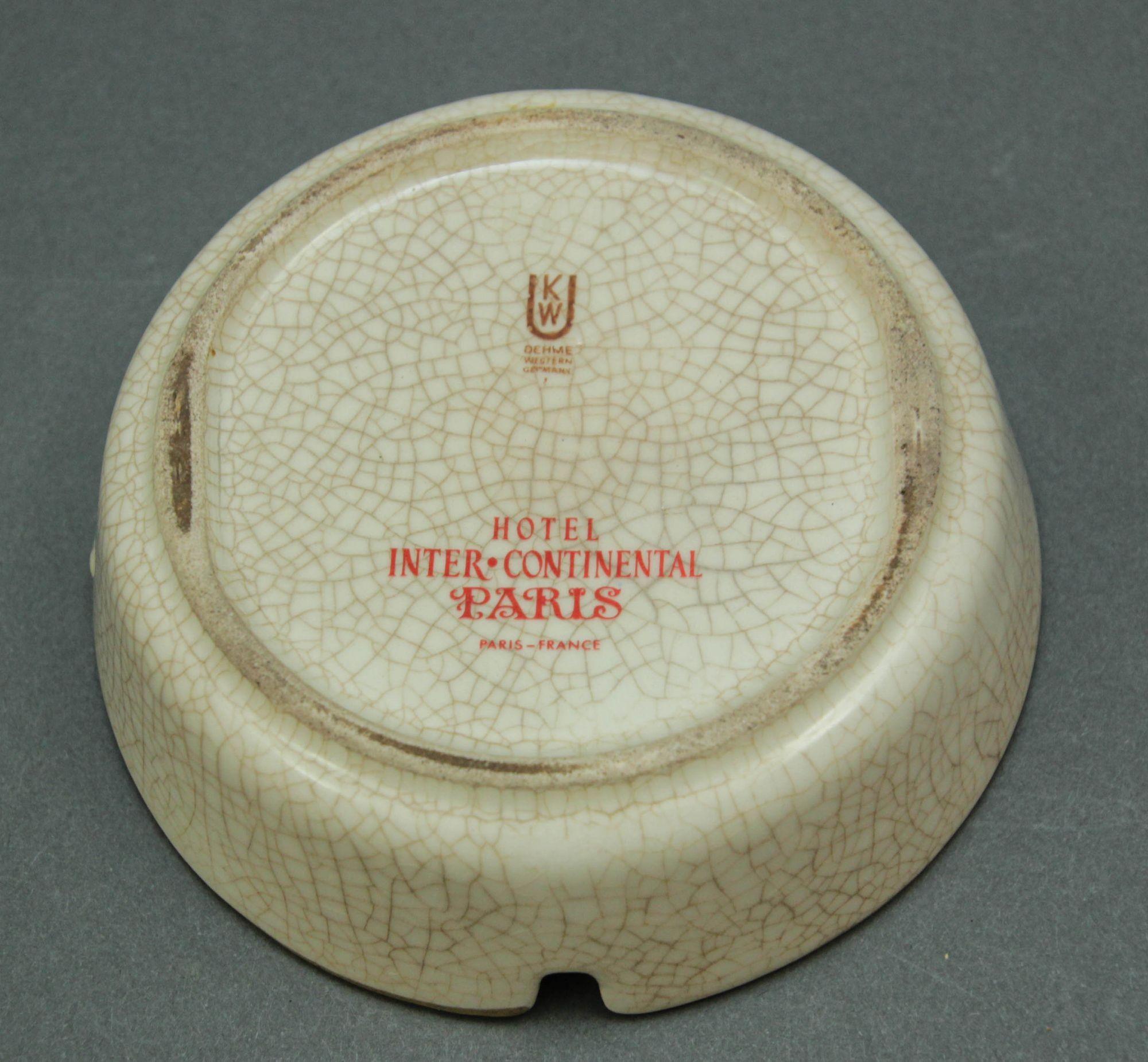 Hand-Painted Collectible White Porcelain Ashtray Hotel Intercontinental Paris France 1950's For Sale
