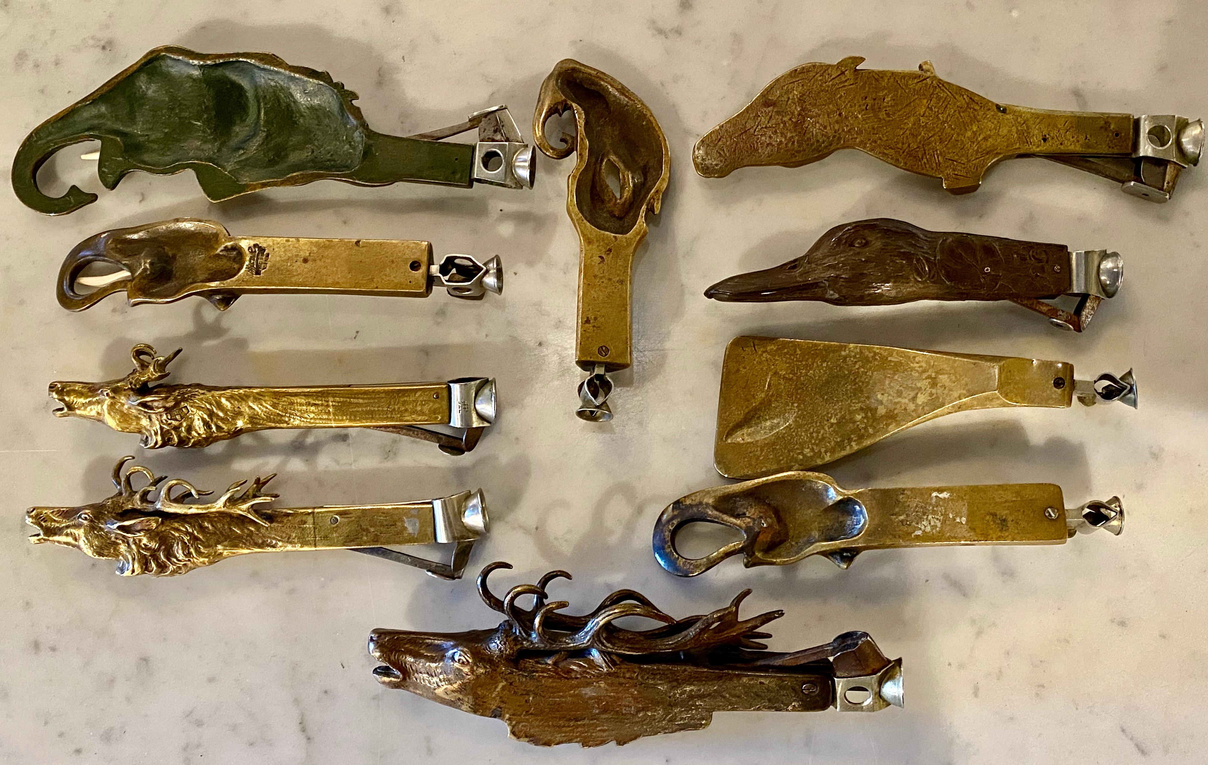 Early 20th Century Collection 10 Antique Metal Cigar Cutters Moose Horse Duck Deer Elephants