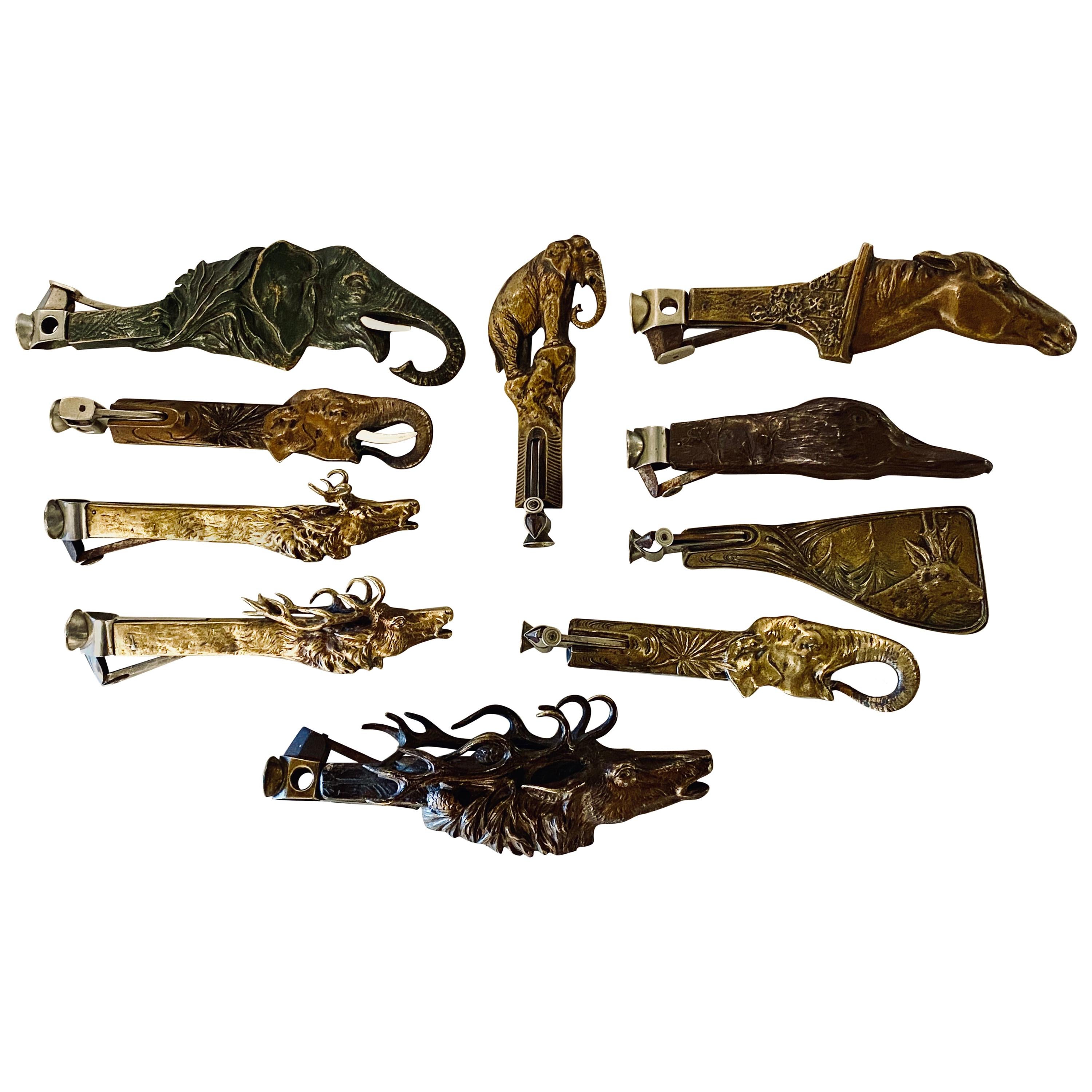 Collection 10 Antique Metal Cigar Cutters Moose Horse Duck Deer Elephants