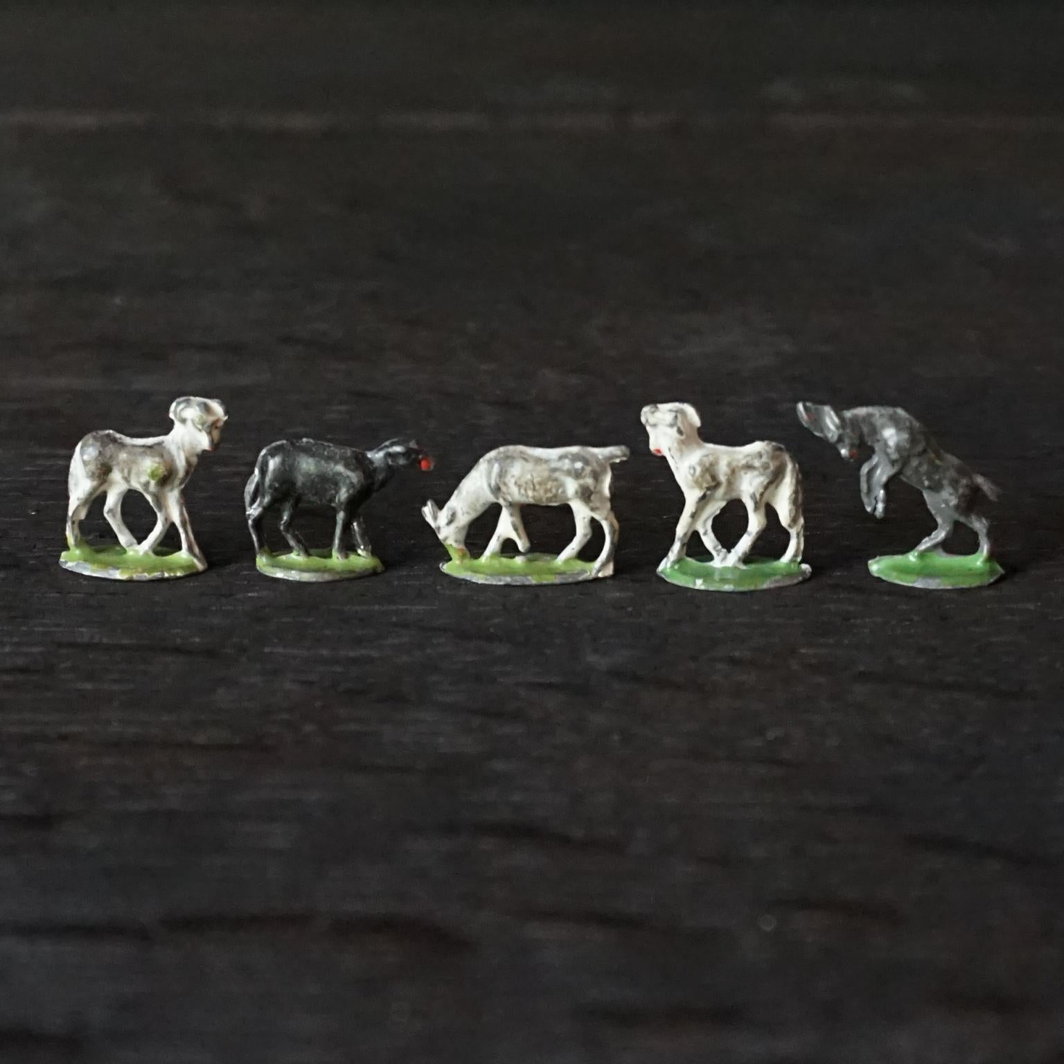 Collection 1900s Edwardian Miniature Tin Toys Farm Animals People and Park Trees For Sale 1